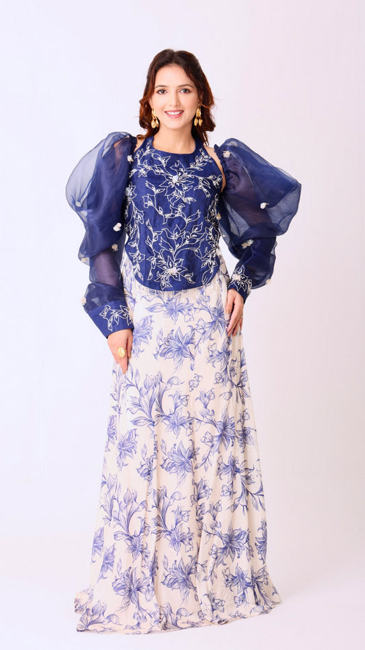 Embroidered navy halter top with dramatic puff sleeve & floral flair ivory skirt