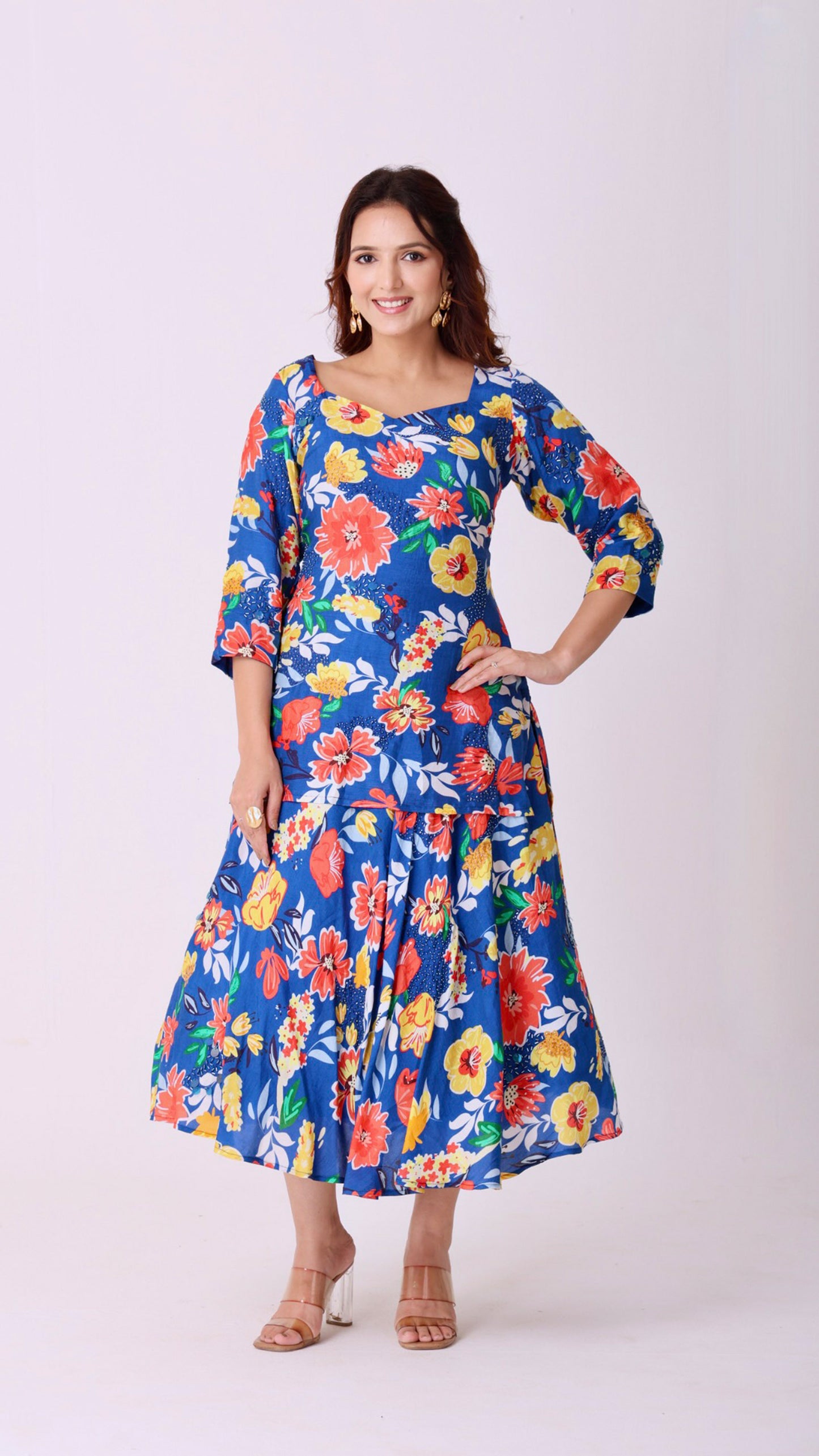 Deja Vu Blue Floral hand-embroidered kurti blouse paired with a matching lehenga