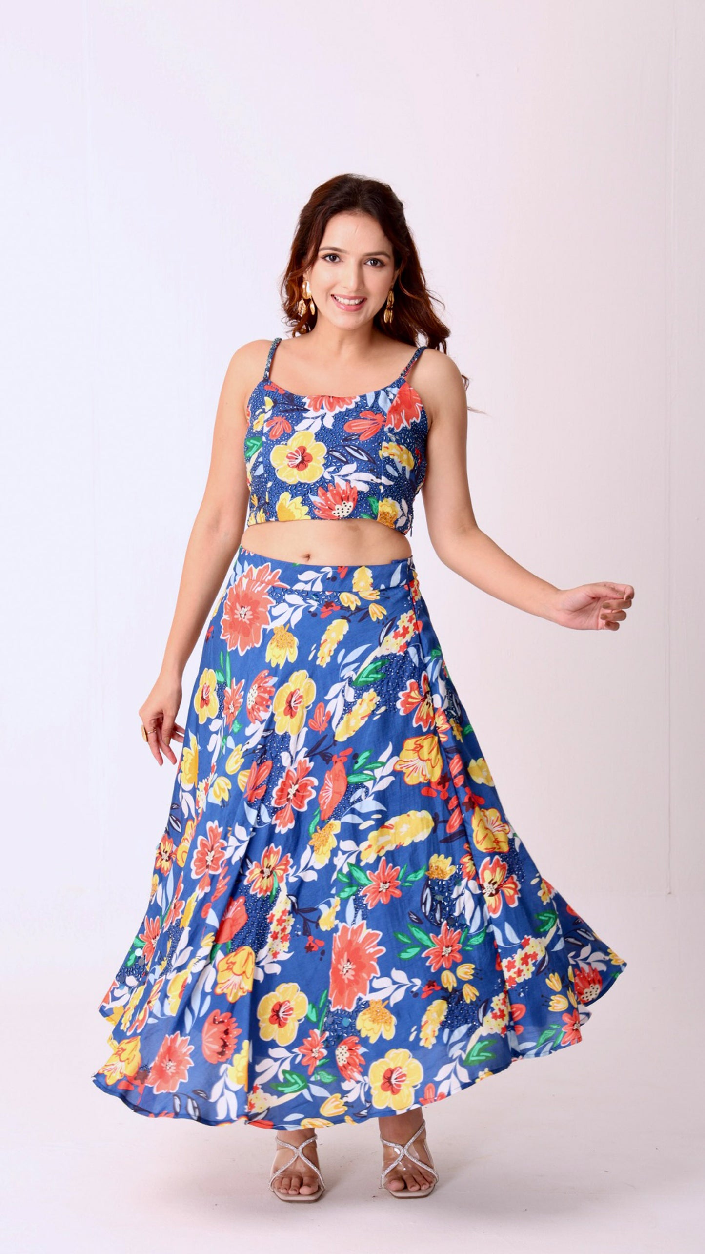 Deja Vu Blue Vibrant co-ord set with bold multicolor floral print and flowy skirt