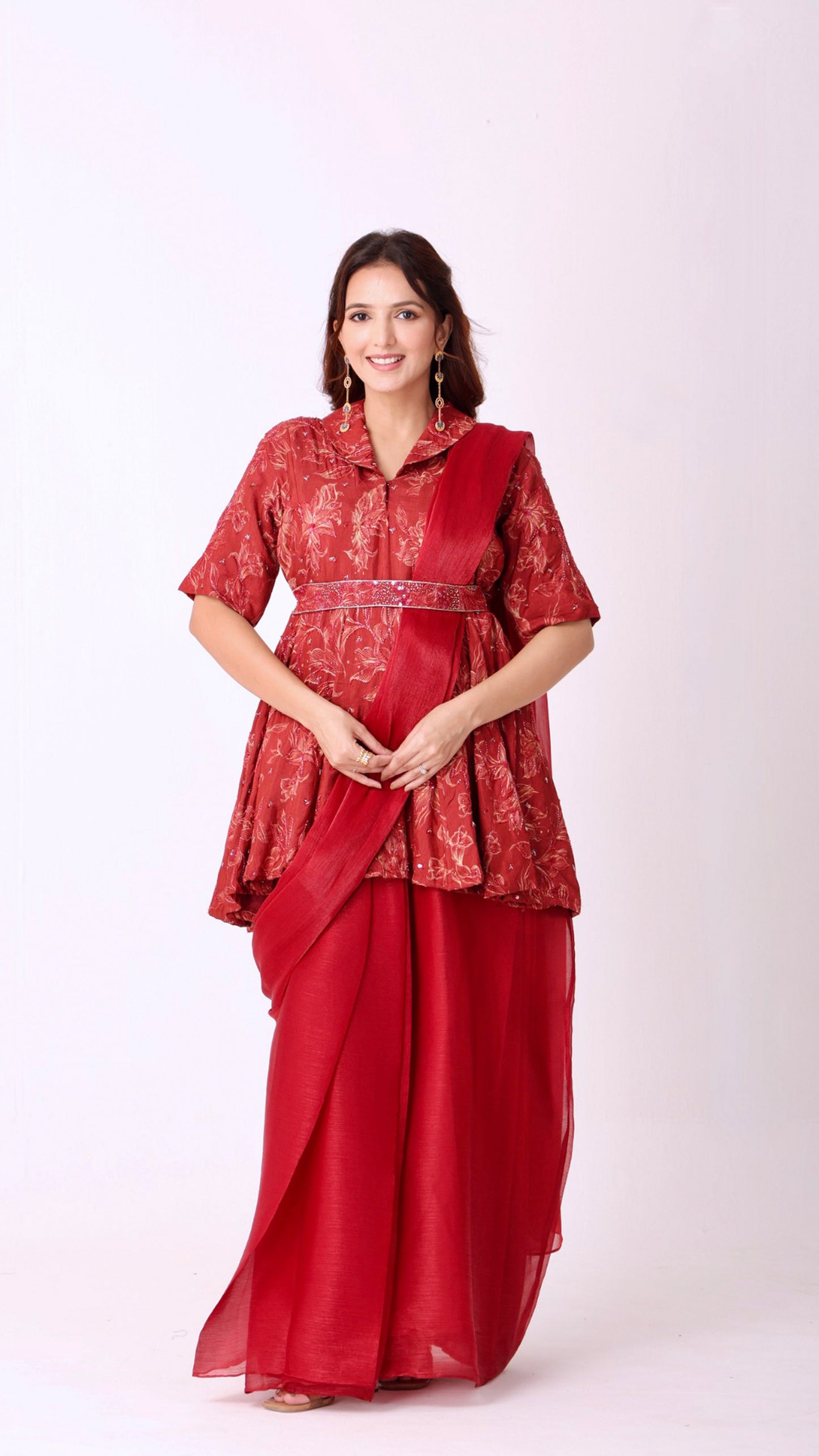 Maroon Floral embroidered peplum kali kurti blouse with pre-drape saree and belt