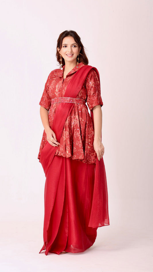 Maroon Floral embroidered peplum kali kurti blouse with pre-drape saree and belt