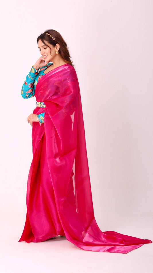 Fuchsia organza saree with floral hand-embroidered statement blouse and belt