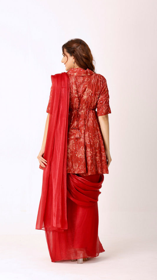 Maroon Floral embroidered peplum kali kurti blouse with pre-drape saree and belt
