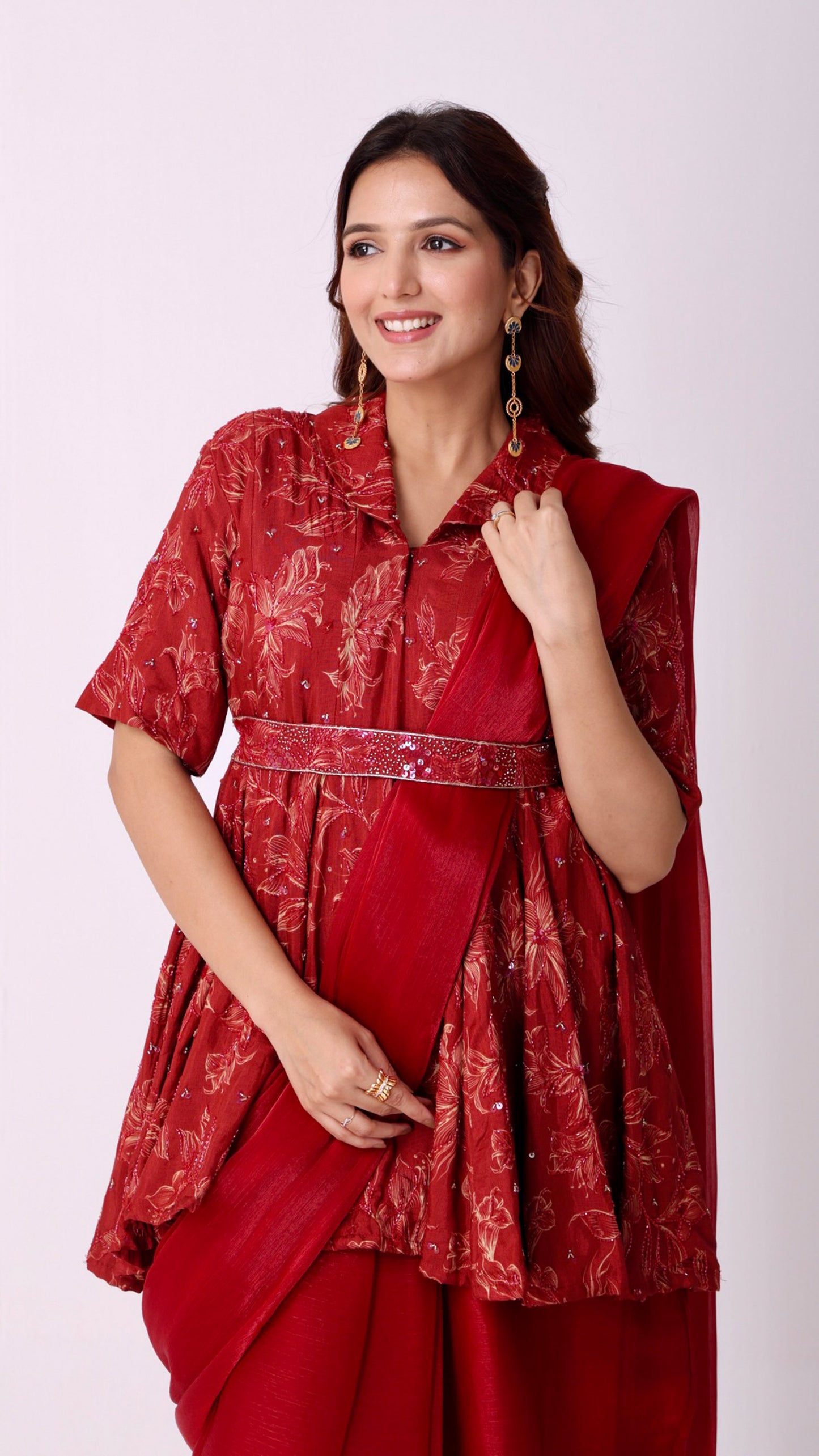 Maroon Floral embroidered peplum kali kurti blouse with pre-drape saree and belt