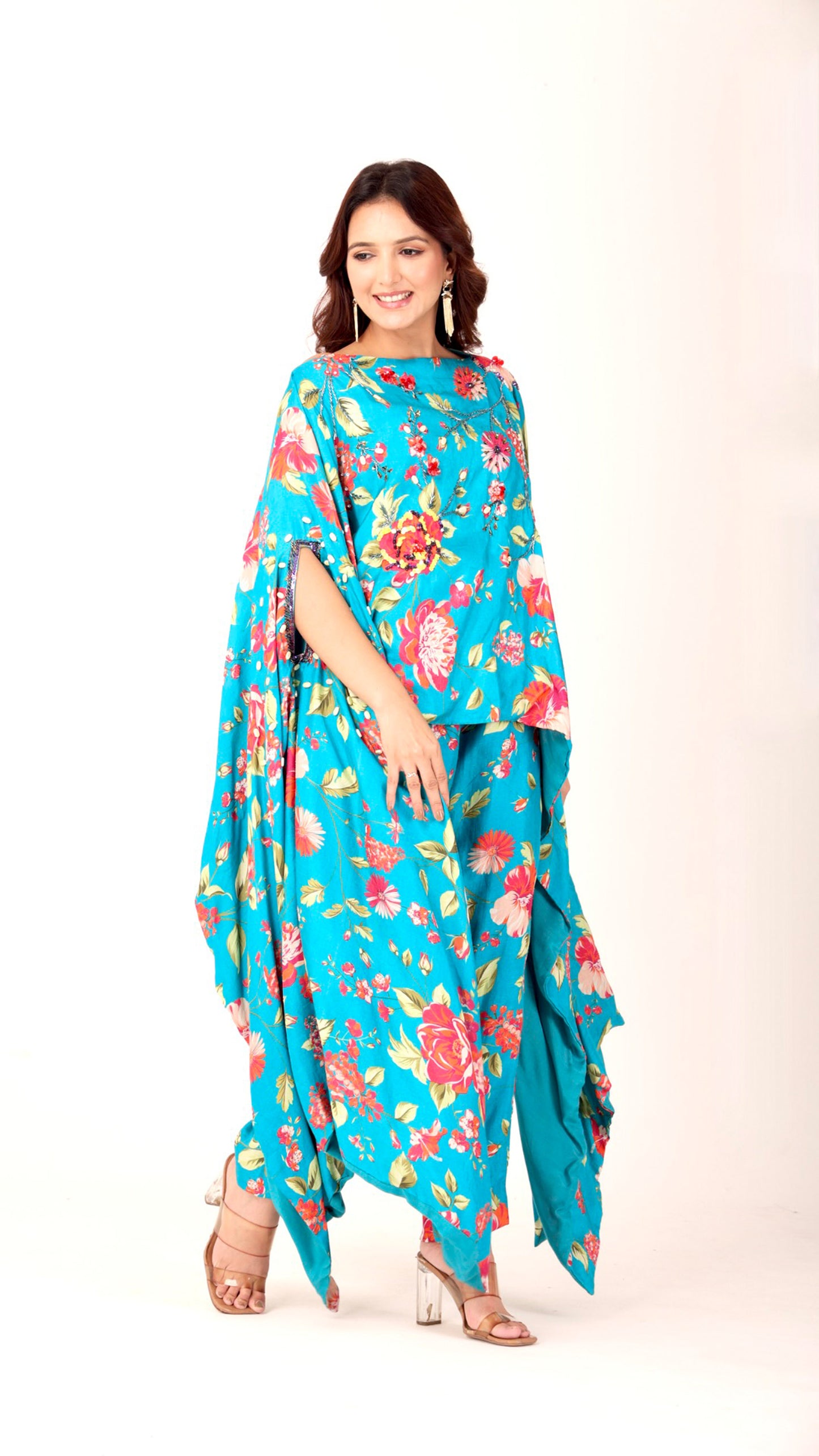 Turquoise bloom cape kurta pant set