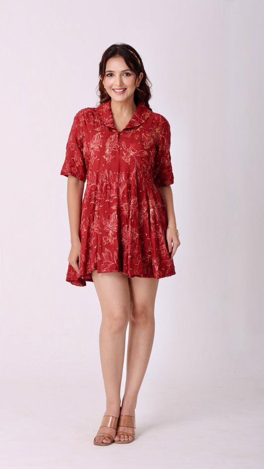 Maroon Hand-embroidered silk kali dress with floral detailing