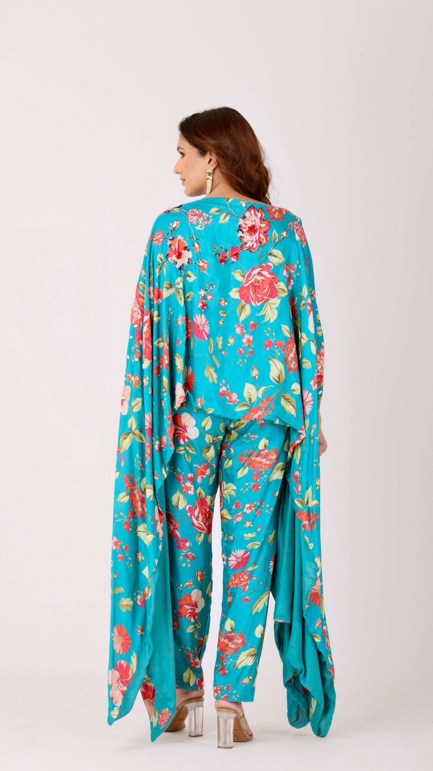 Turquoise bloom cape kurta pant set