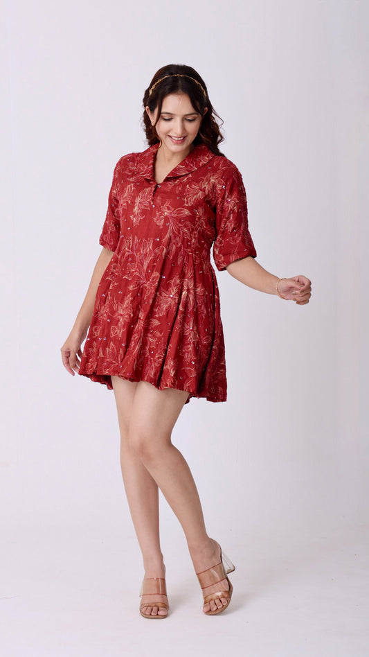 Maroon Hand-embroidered silk kali dress with floral detailing