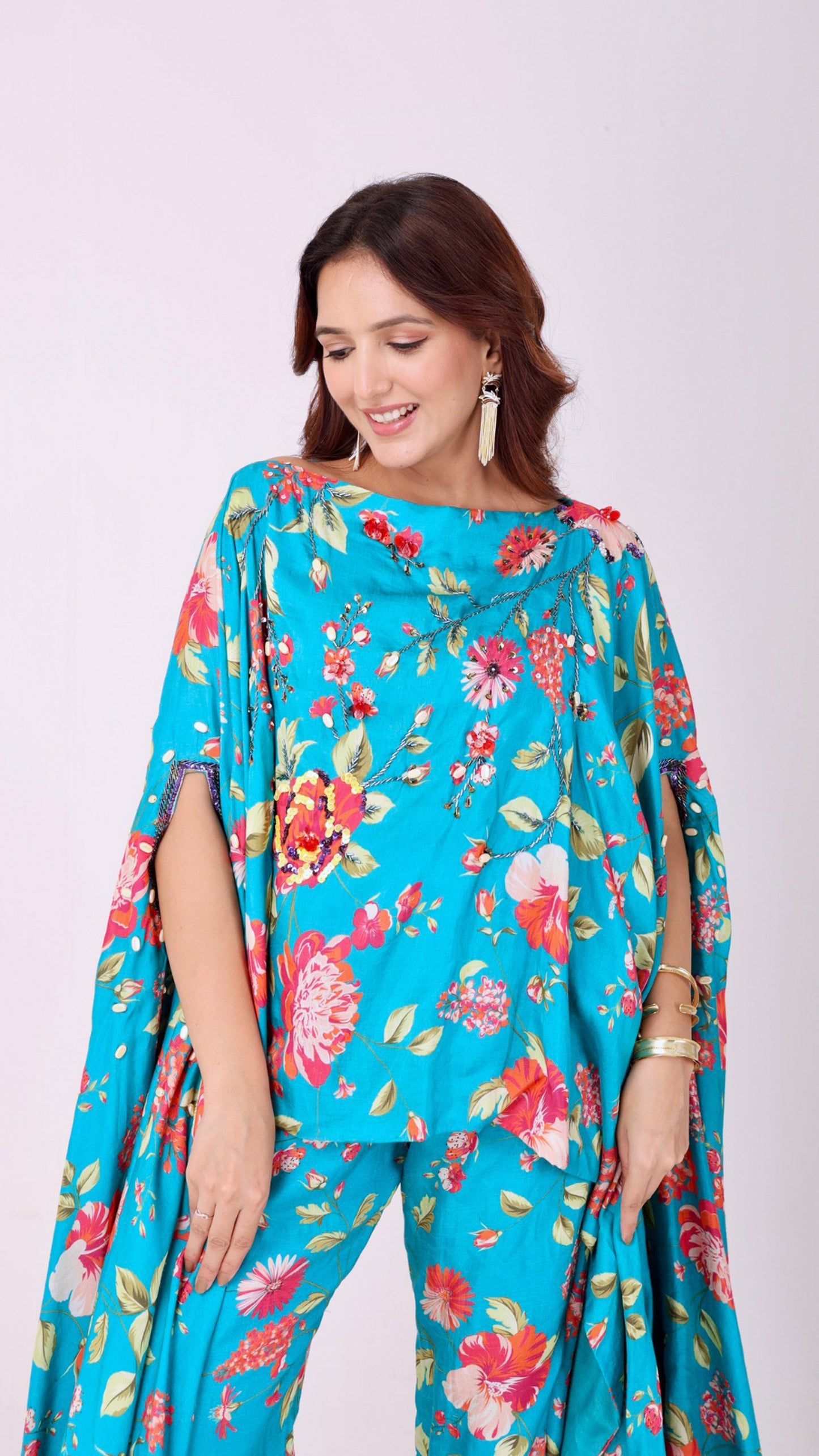 Turquoise bloom cape kurta pant set
