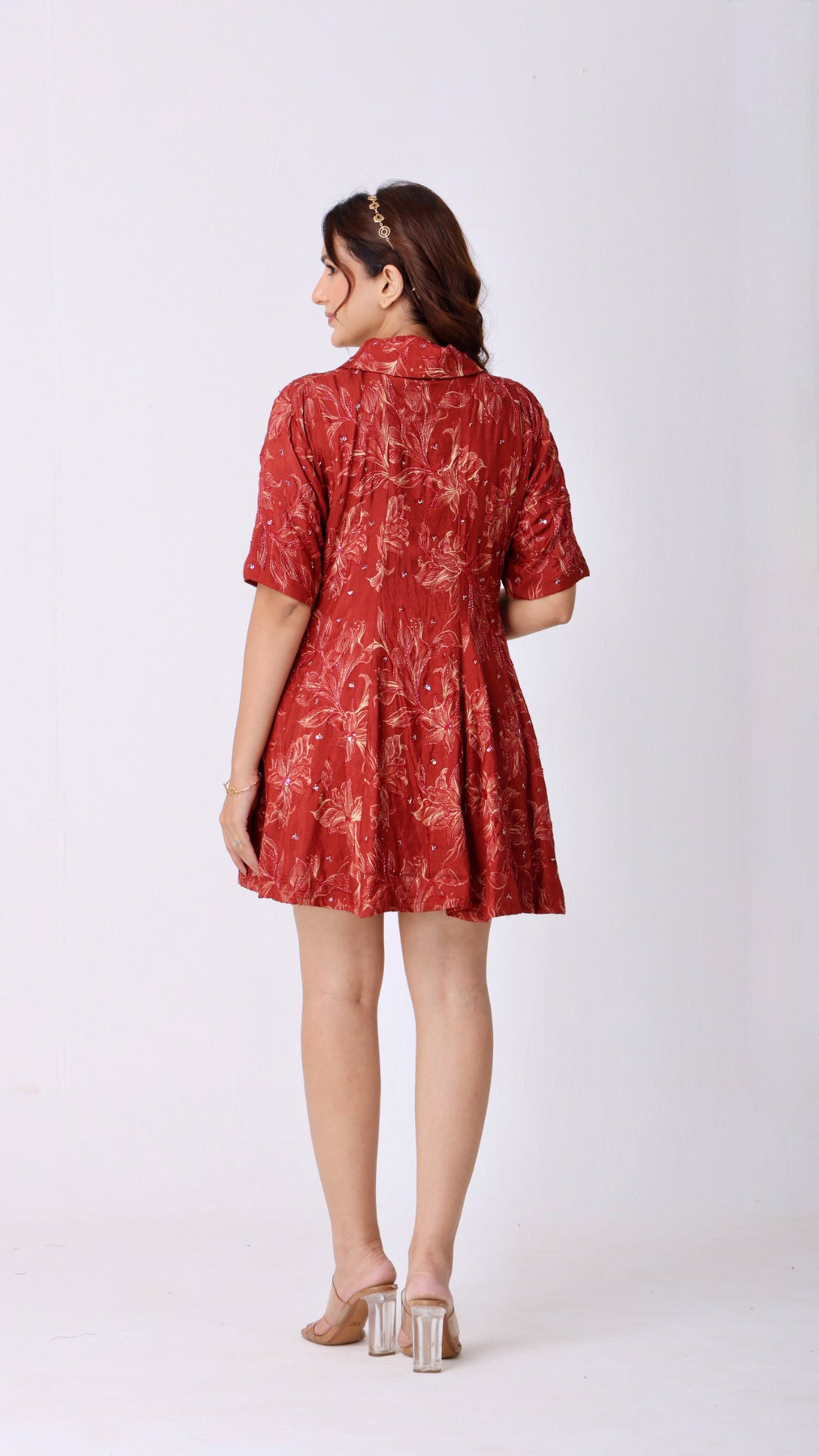 Maroon Hand-embroidered silk kali dress with floral detailing