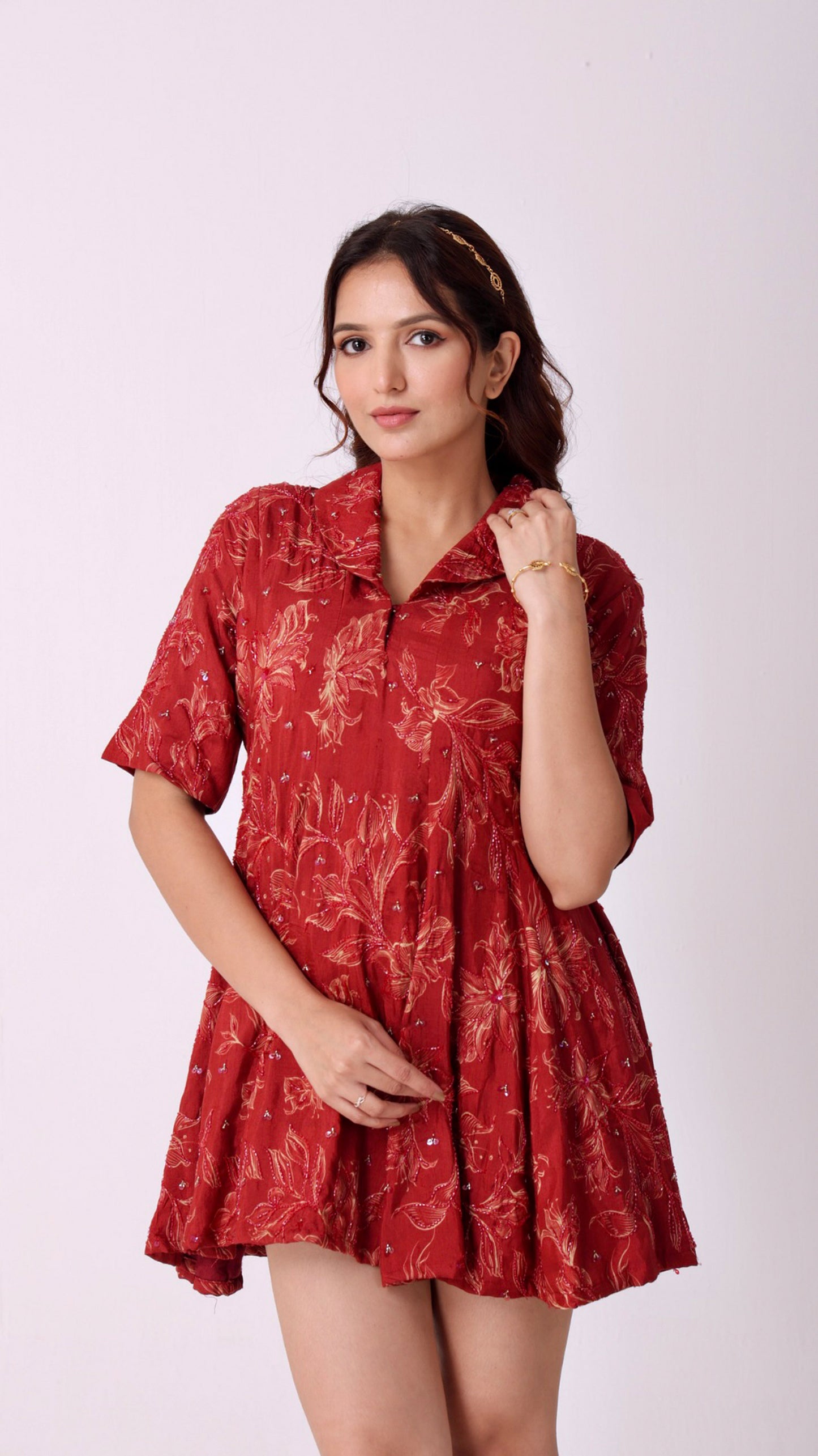 Maroon Hand-embroidered silk kali dress with floral detailing