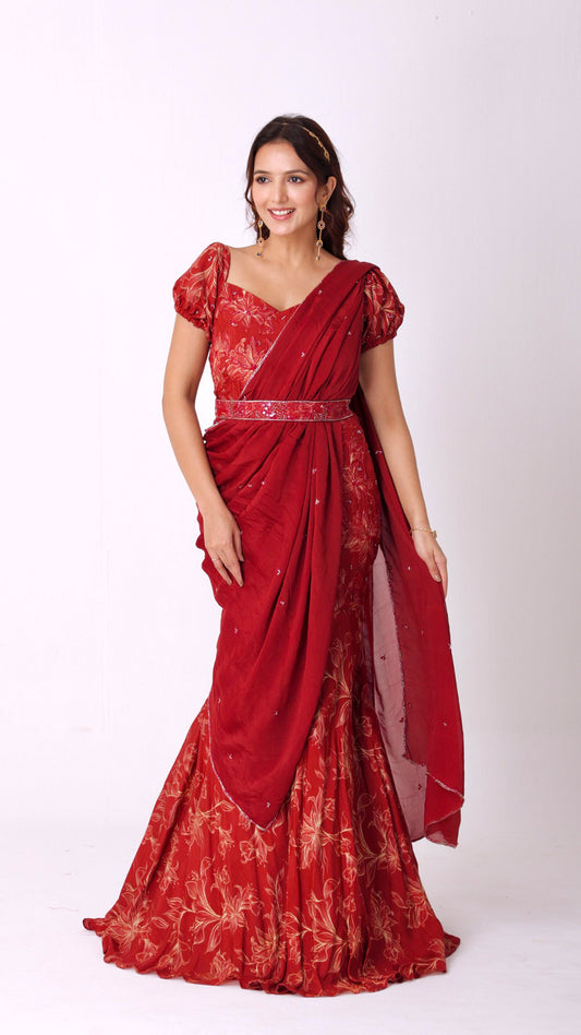 Maroon floral hand-embroidered fish-cut saree gown with puff sleeves and belt