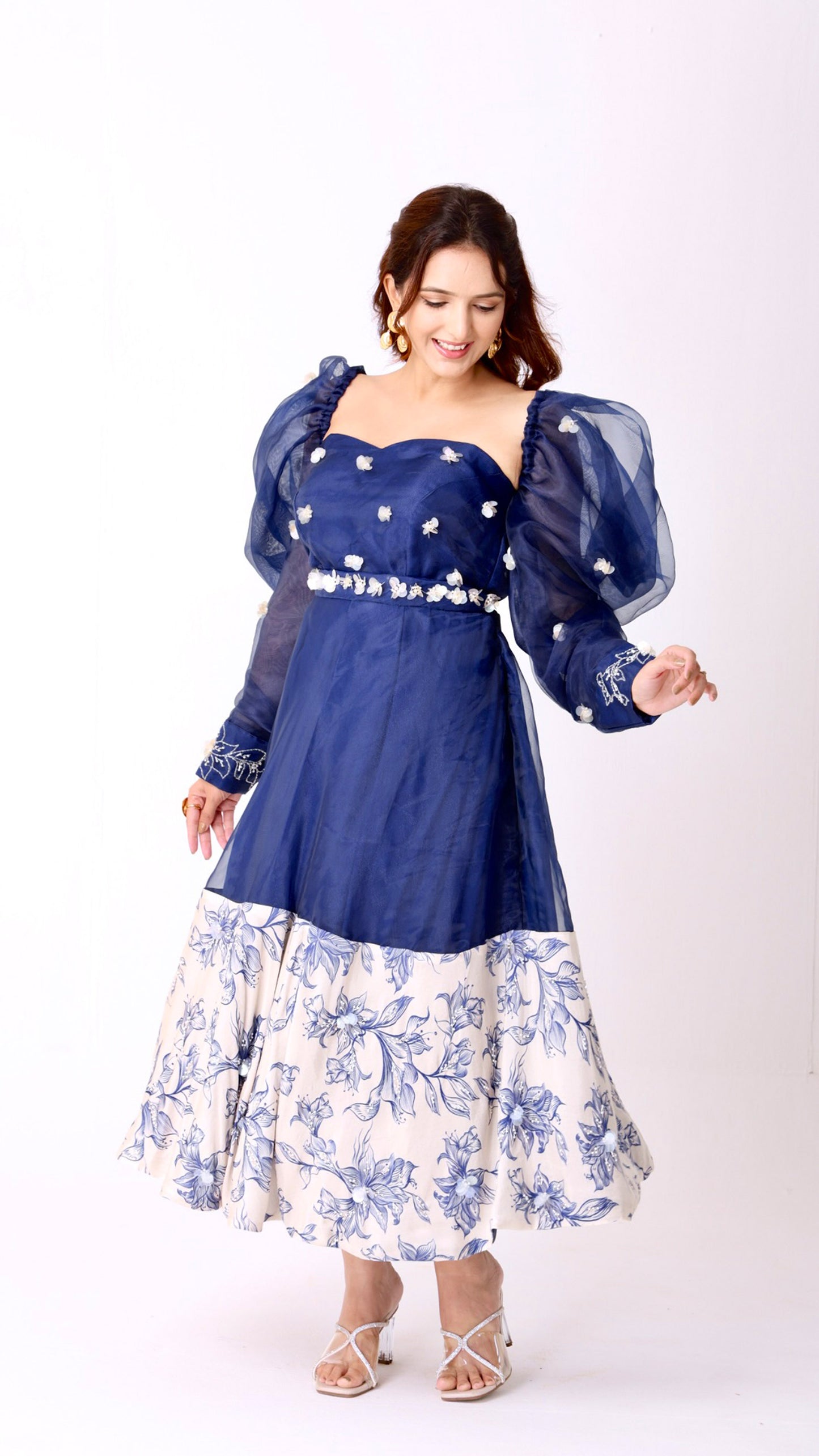 Navy & ivory hand- embroidered floral midi dress with organza sleeves & belt