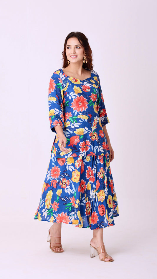Deja Vu Blue Floral hand-embroidered kurti blouse paired with a matching lehenga