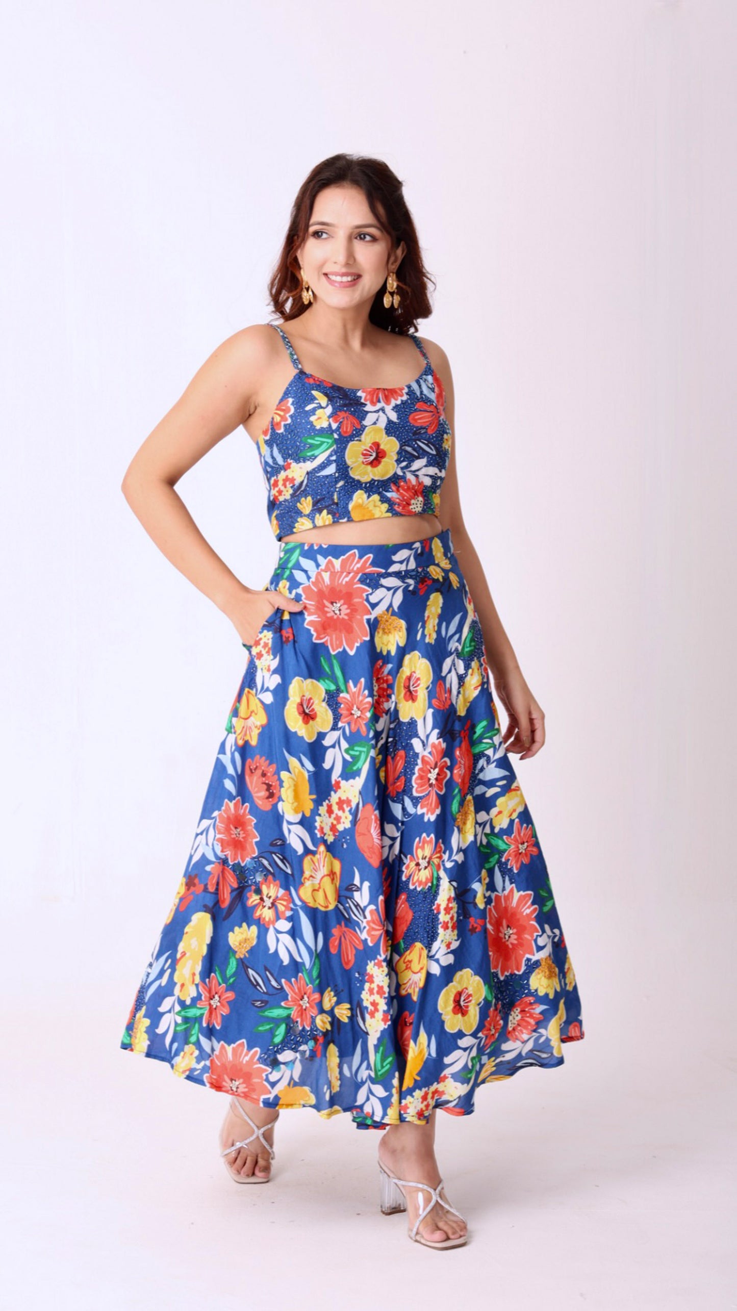 Deja Vu Blue Vibrant co-ord set with bold multicolor floral print and flowy skirt