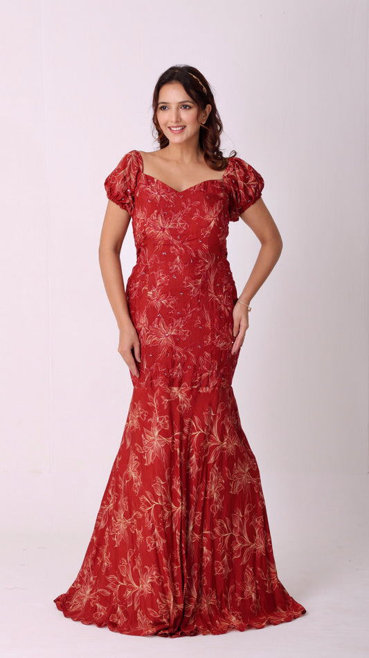 Maroon hand-embroidered fish-cut gown with puff sleeves