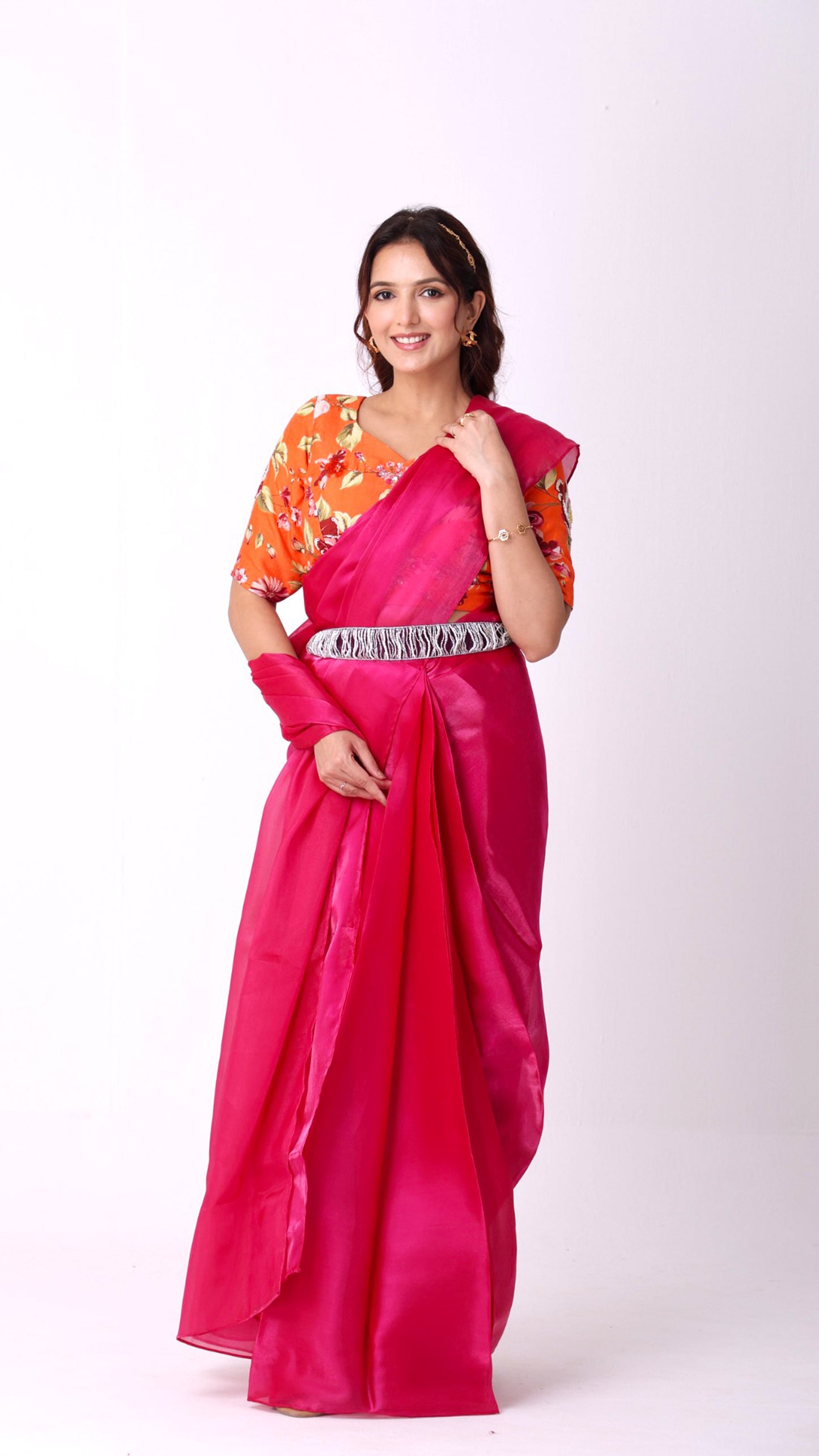 Fuchsia radiance saree with printed hand-embroidered blouse and belt