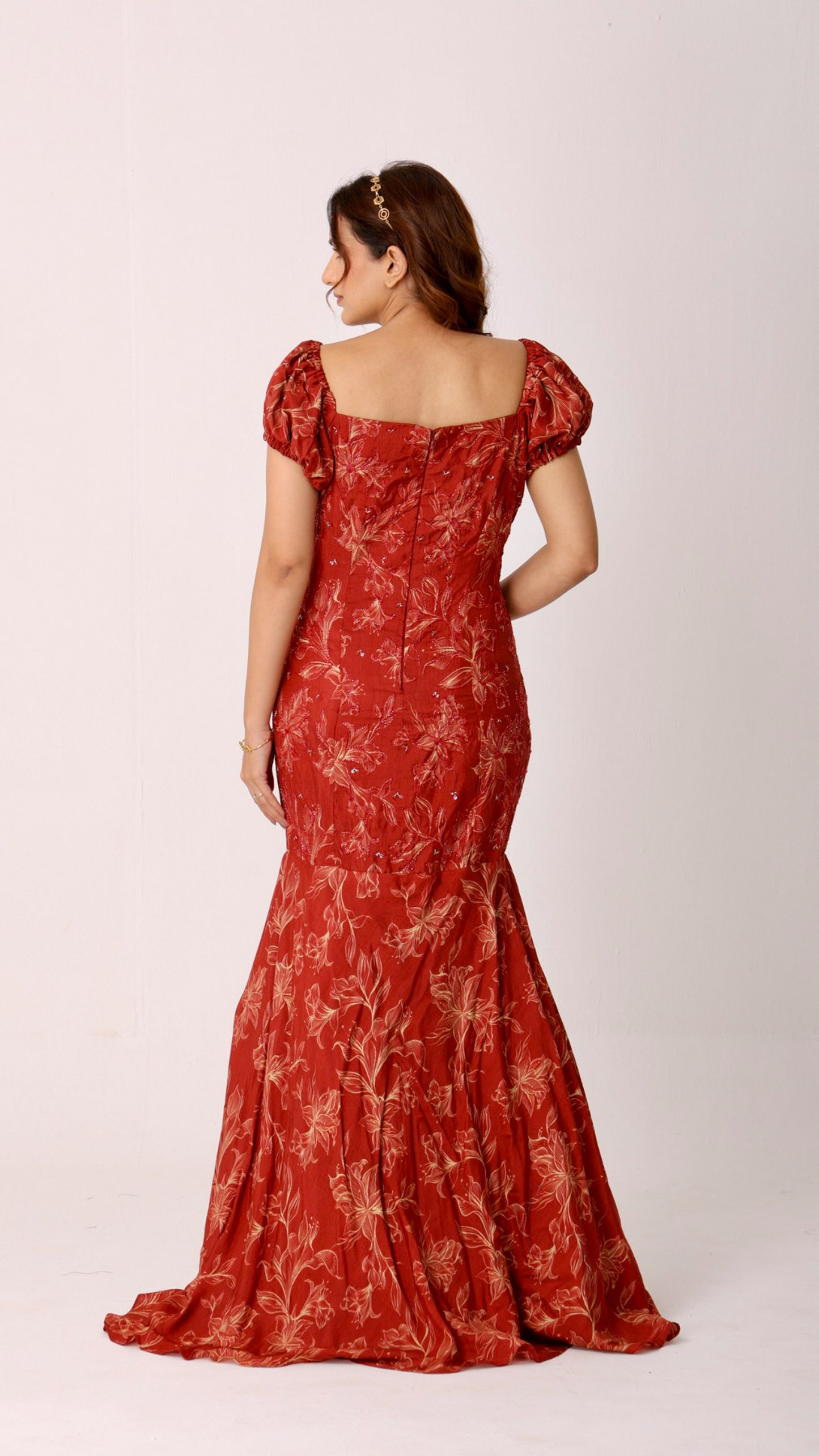 Maroon hand-embroidered fish-cut gown with puff sleeves