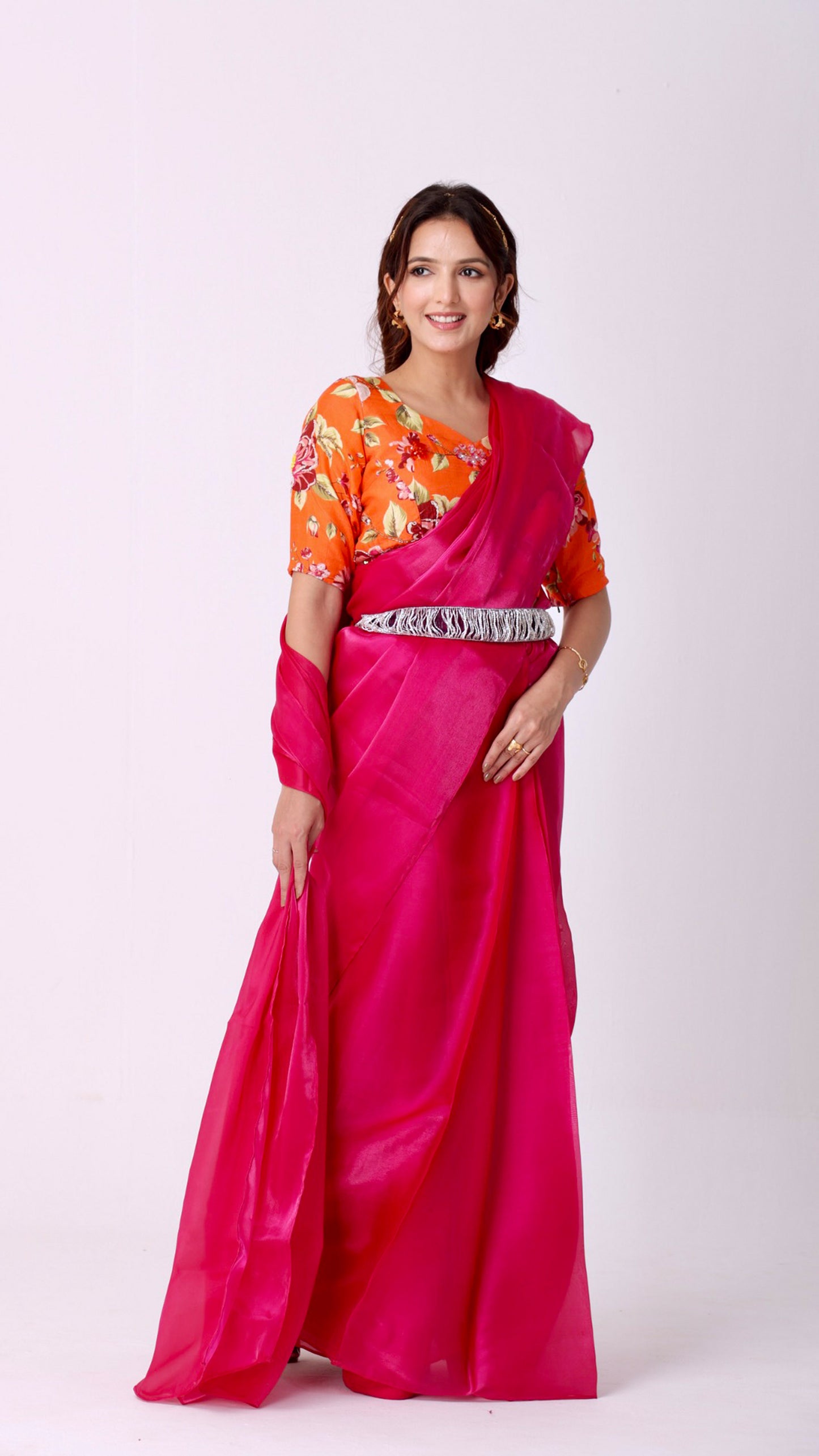 Fuchsia radiance saree with printed hand-embroidered blouse and belt