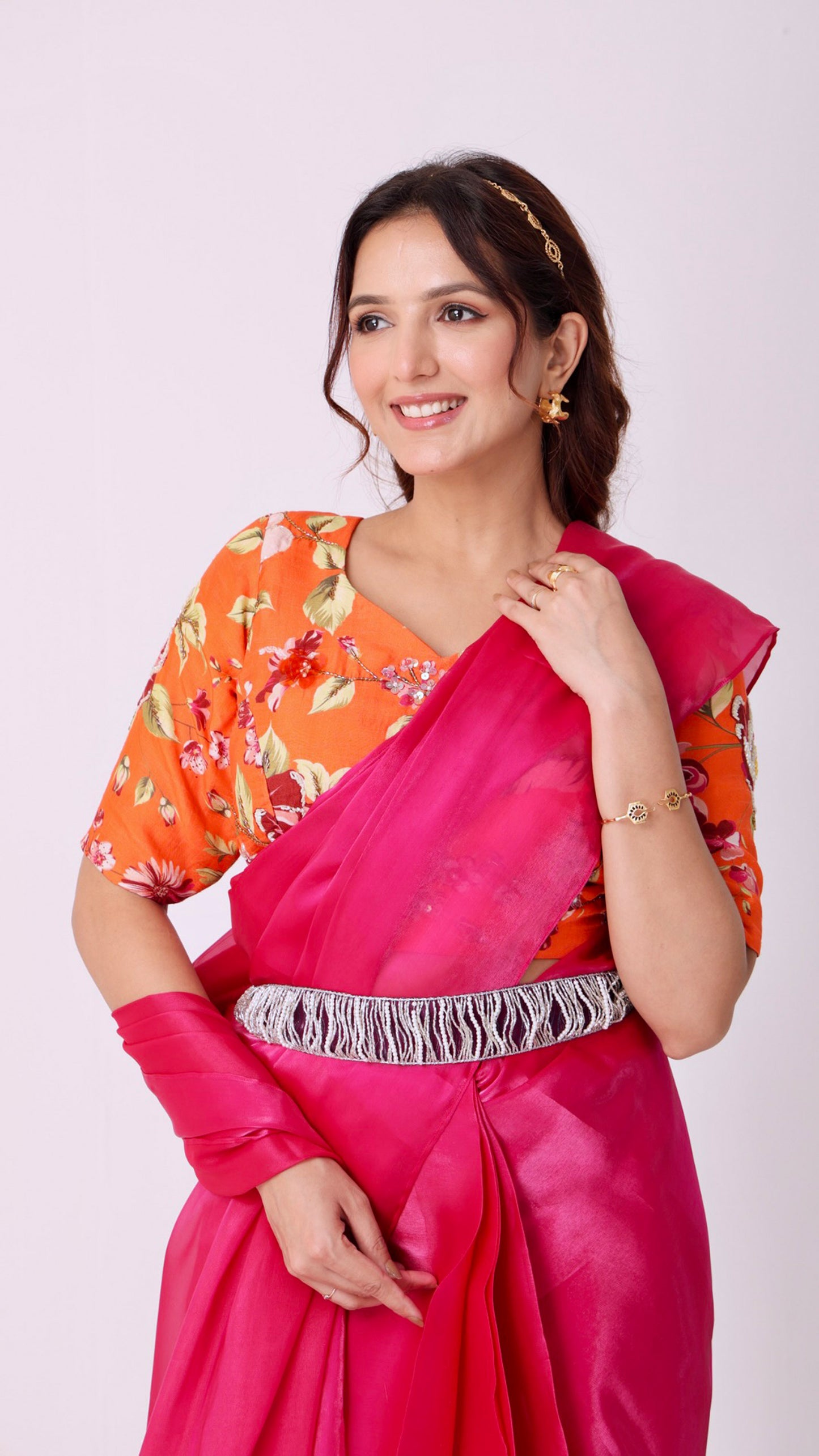 Fuchsia radiance saree with printed hand-embroidered blouse and belt