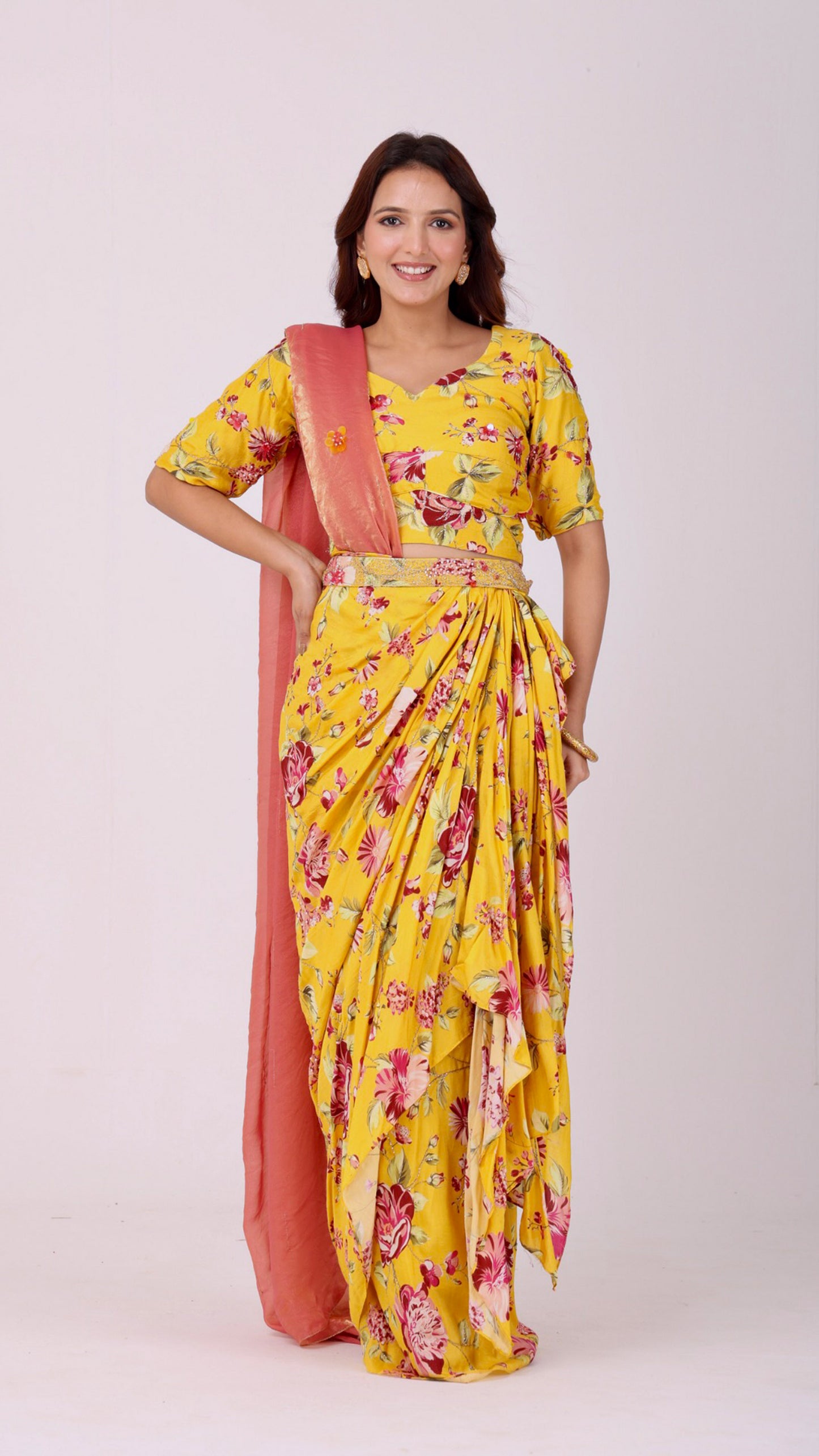 Sunflower Yellow, Peach Pink Floral printed pre-draped saree with matching blouse and contrasting pallu
