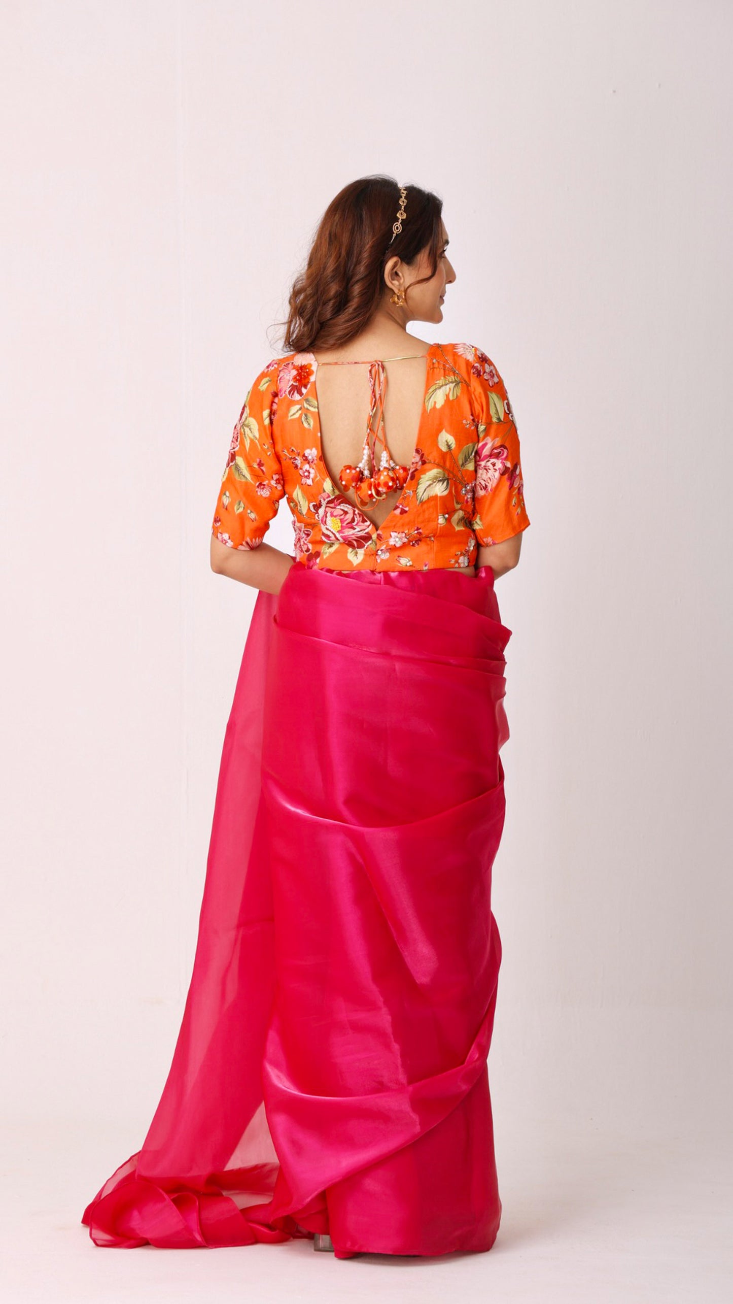 Fuchsia radiance saree with printed hand-embroidered blouse and belt