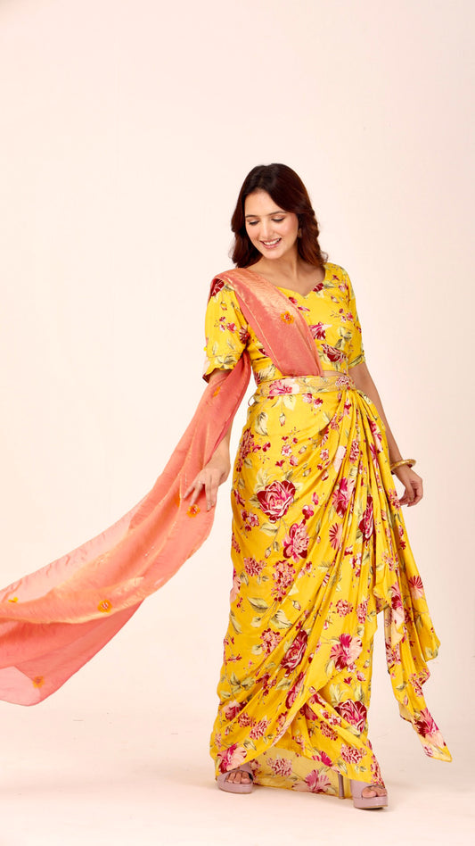 Sunflower Yellow, Peach Pink Floral printed pre-draped saree with matching blouse and contrasting pallu