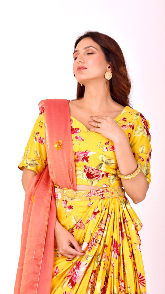 Sunflower Yellow, Peach Pink Floral printed pre-draped saree with matching blouse and contrasting pallu