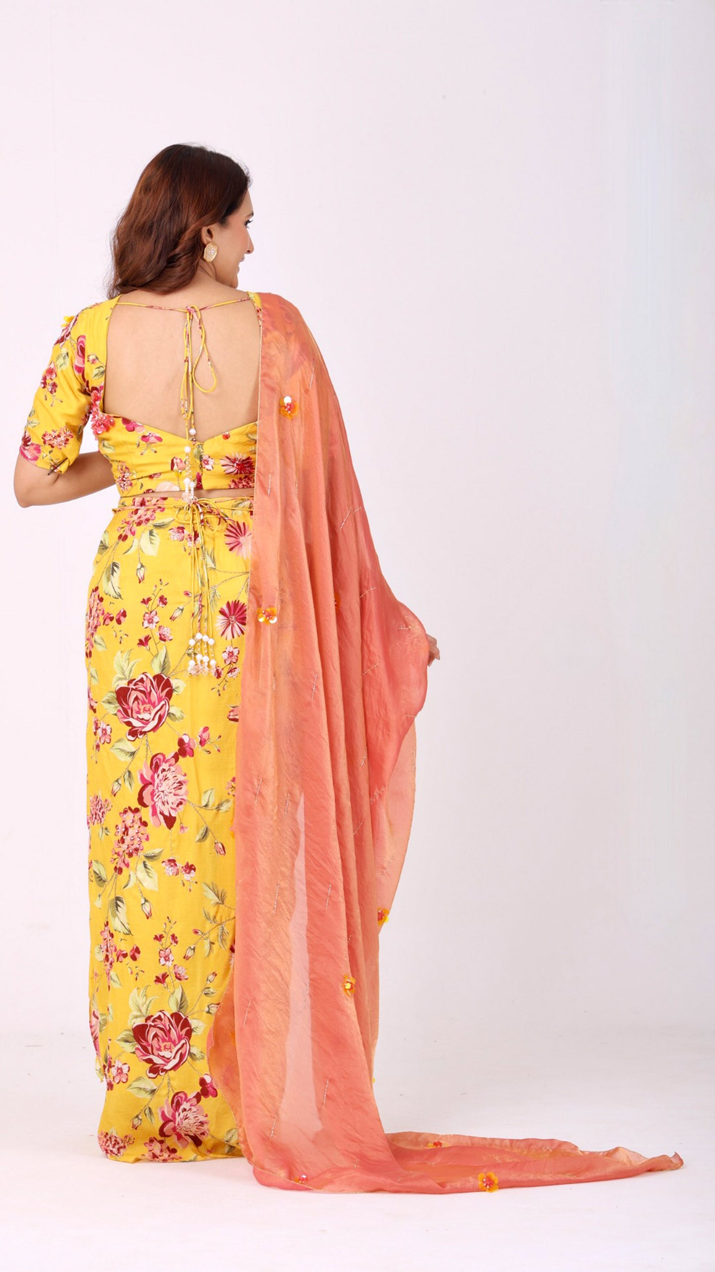 Sunflower Yellow, Peach Pink Floral printed pre-draped saree with matching blouse and contrasting pallu