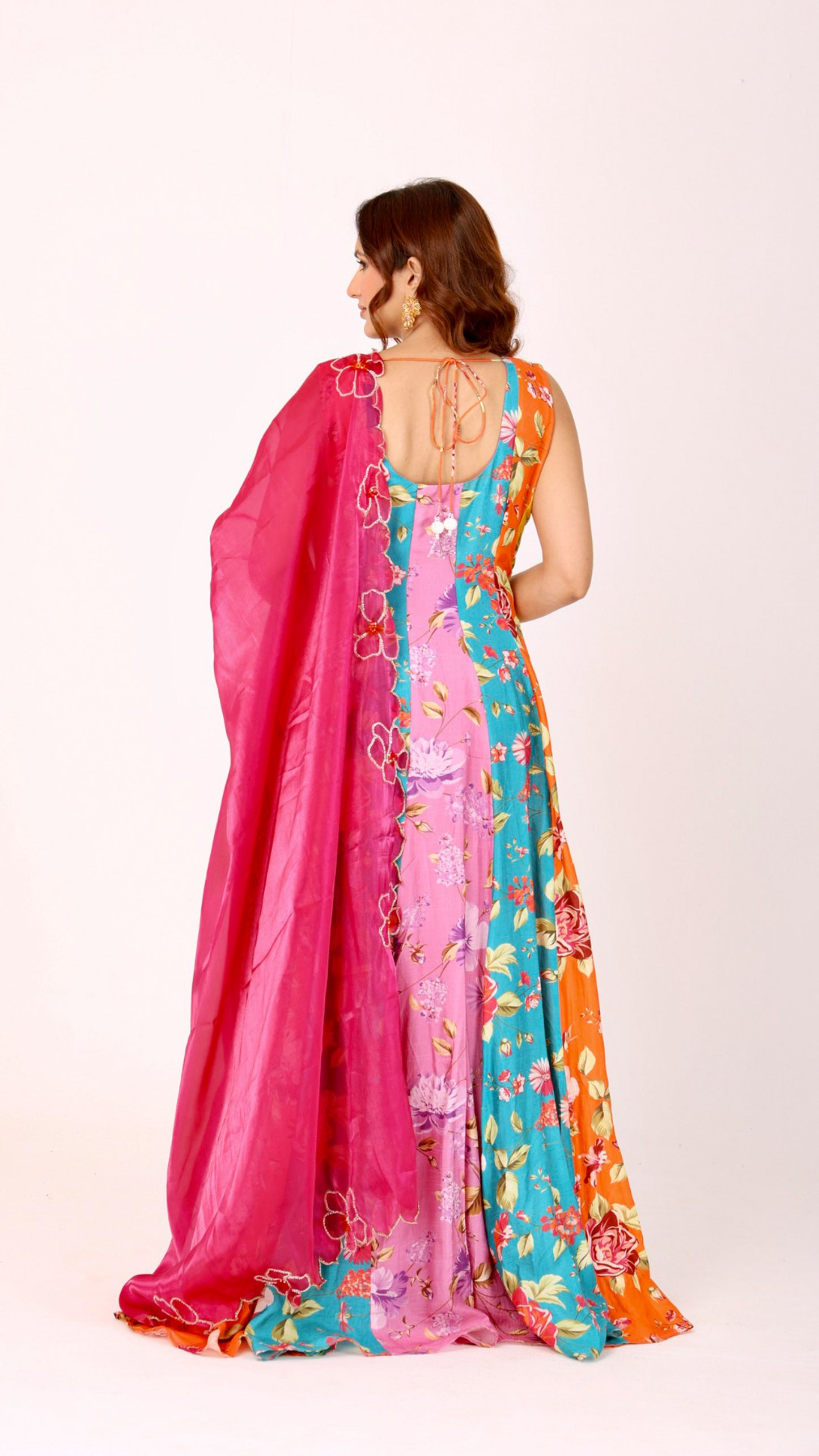 Orangeade Multicolour hand-embroidered floral anarkali paired with a vibrant dupatta