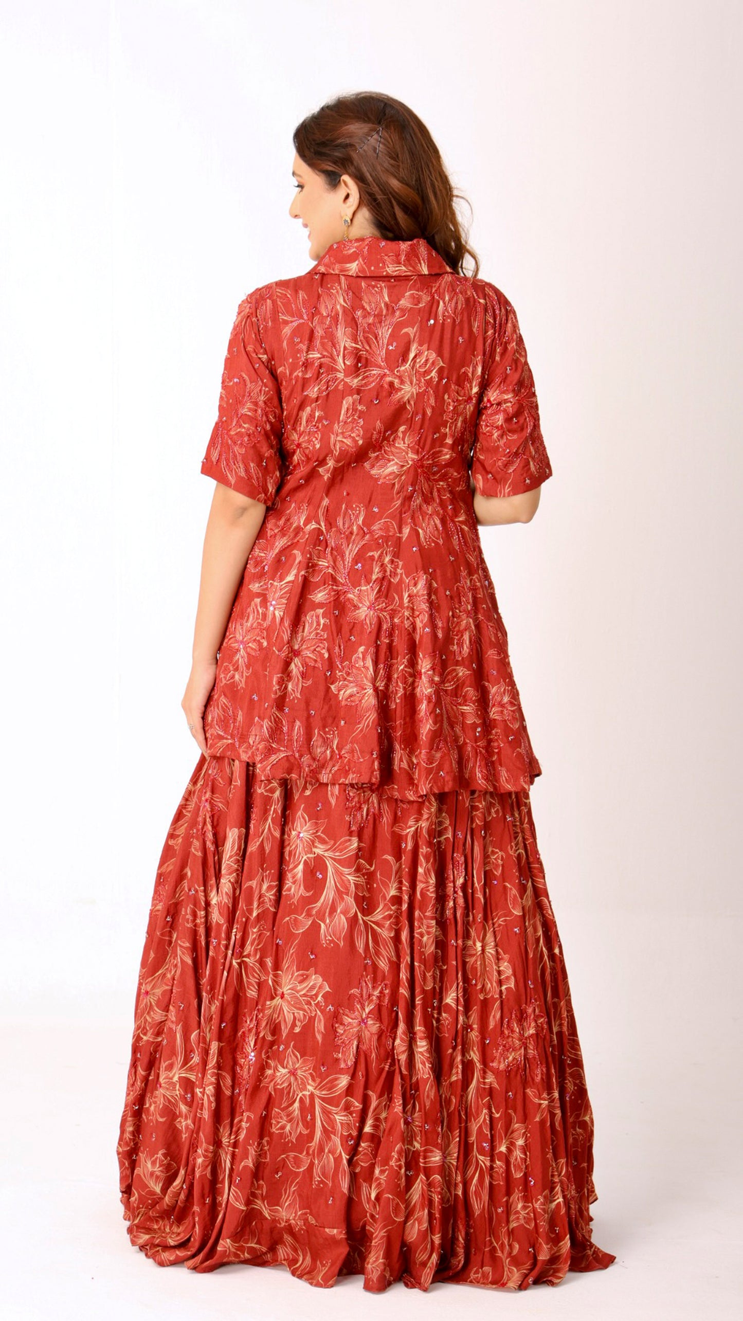 Maroon Hand-embroidered floral peplum kali kurti blouse paired with lehenga & dupatta