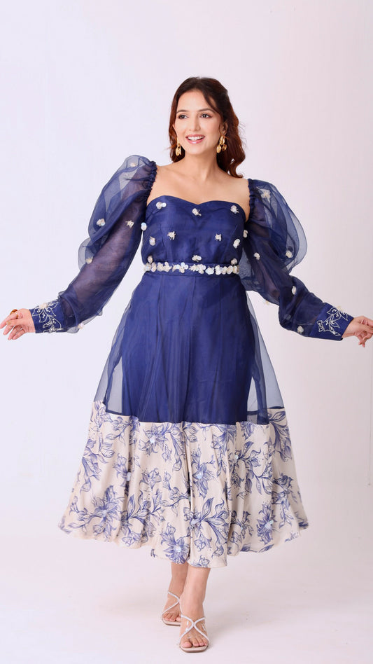 Navy & ivory hand- embroidered floral midi dress with organza sleeves & belt