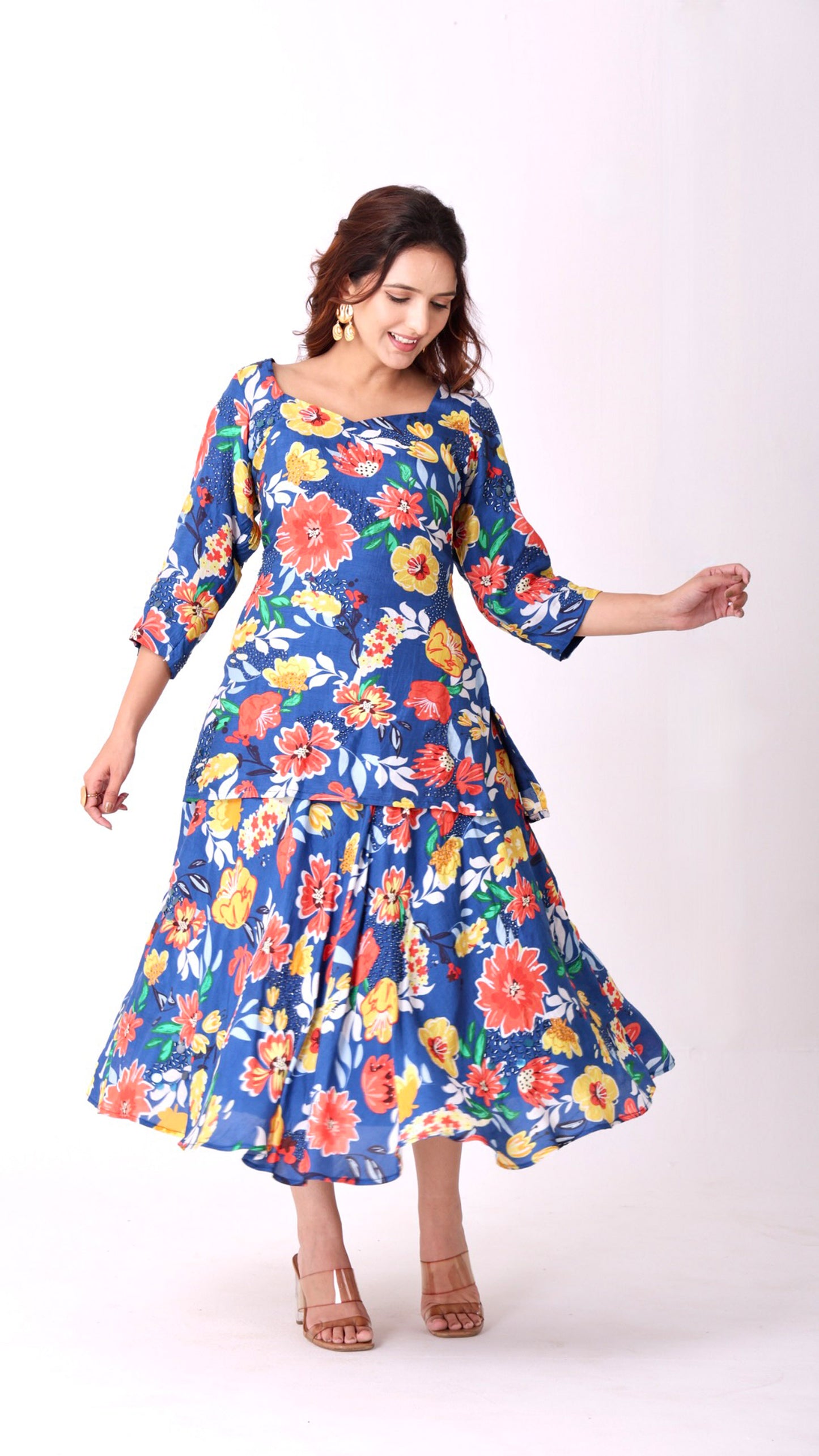 Deja Vu Blue Floral hand-embroidered kurti blouse paired with a matching lehenga