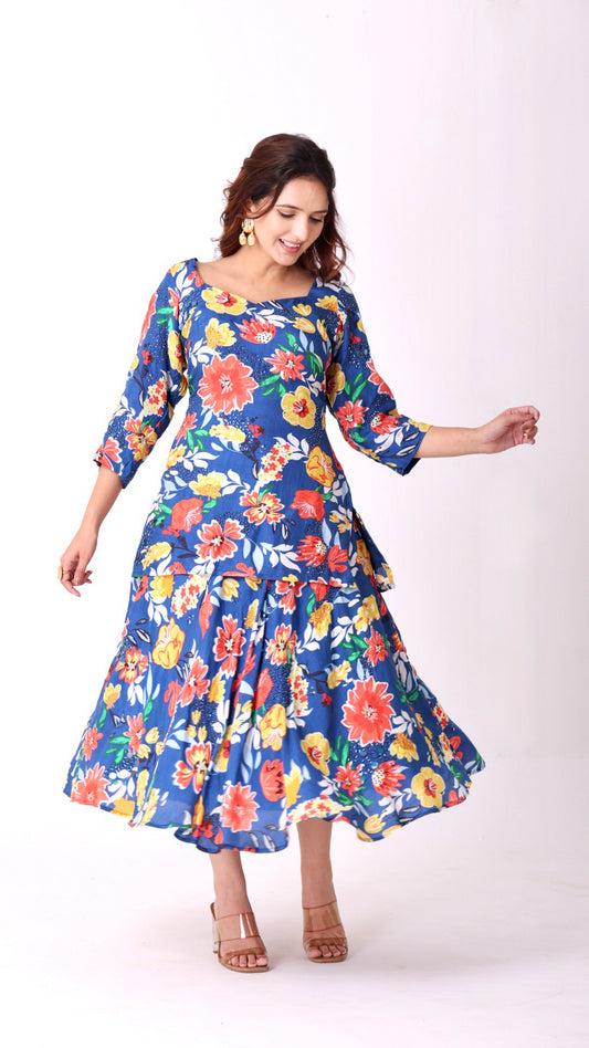 Deja Vu Blue Floral hand-embroidered kurti blouse paired with a matching lehenga