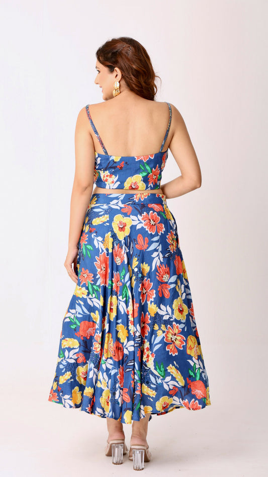 Deja Vu Blue Vibrant co-ord set with bold multicolor floral print and flowy skirt