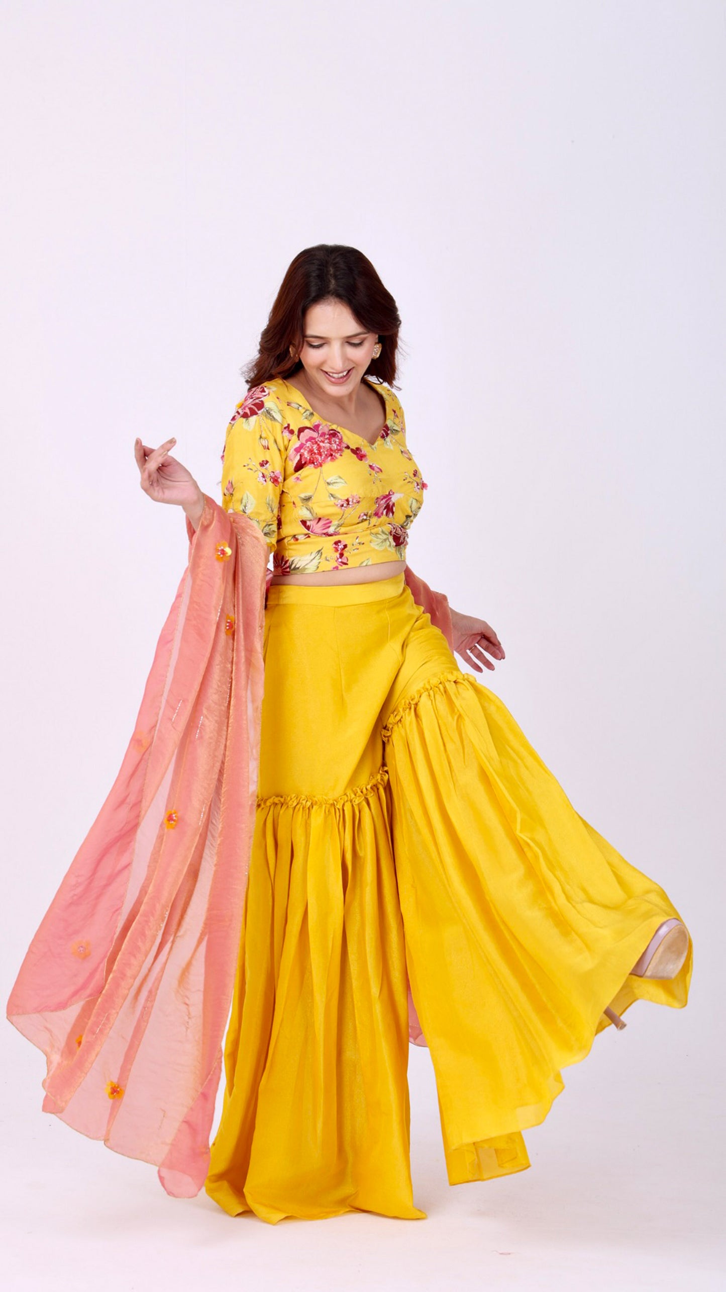 Yellow floral choli with sharara pants and organza dupatta