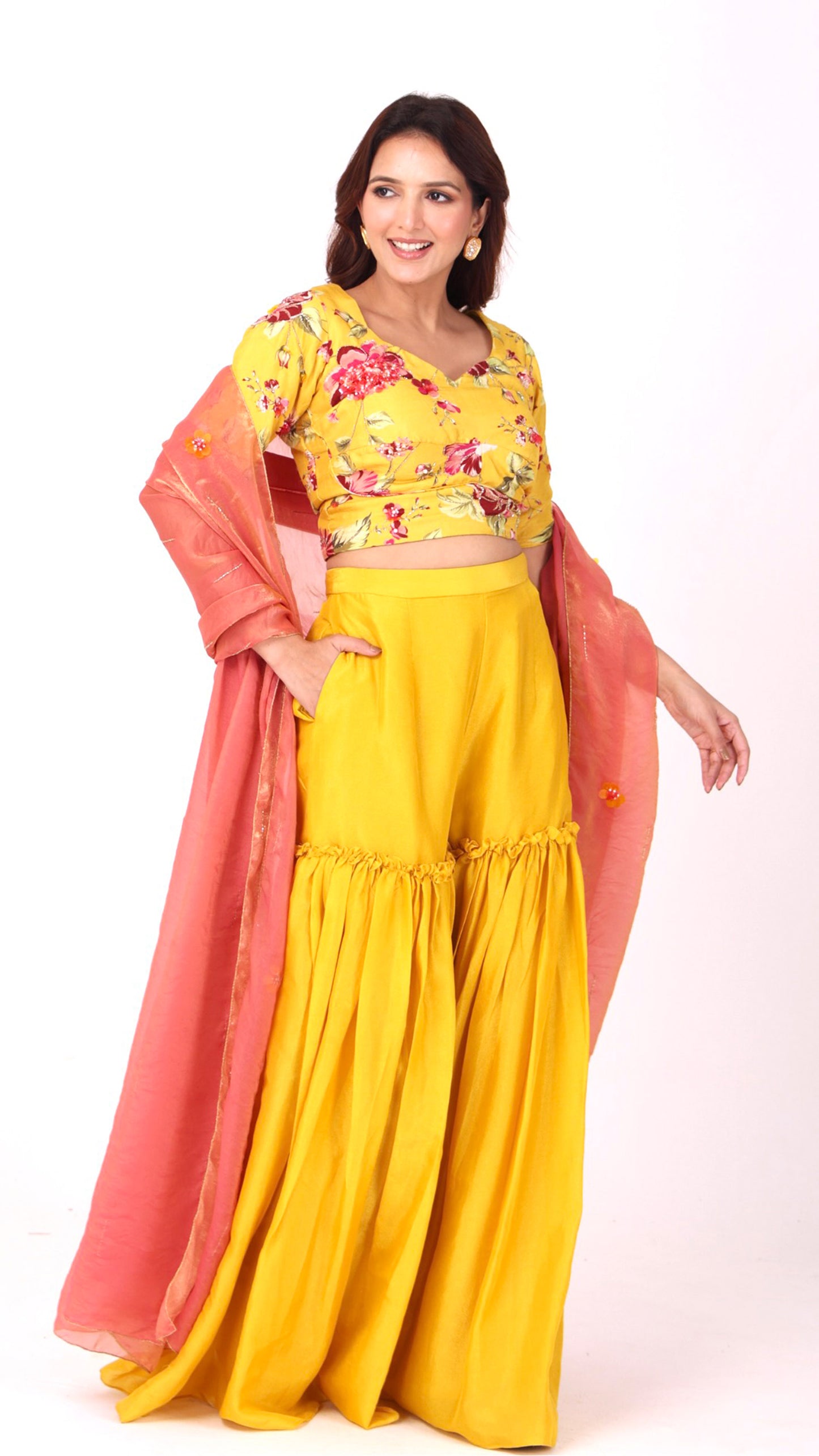 Yellow floral choli with sharara pants and organza dupatta