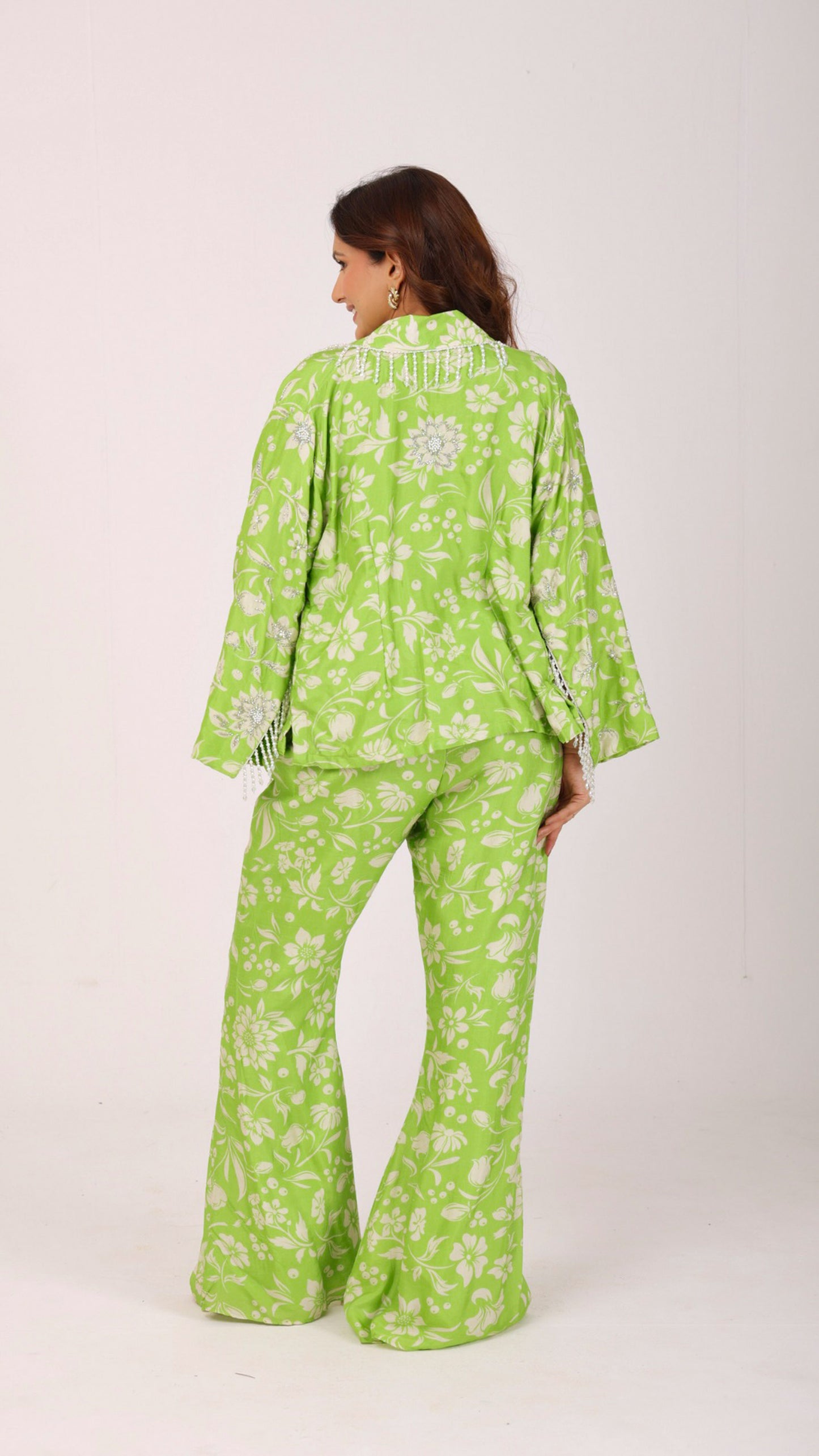 Green floral co-ord set with delicate hand embroidery