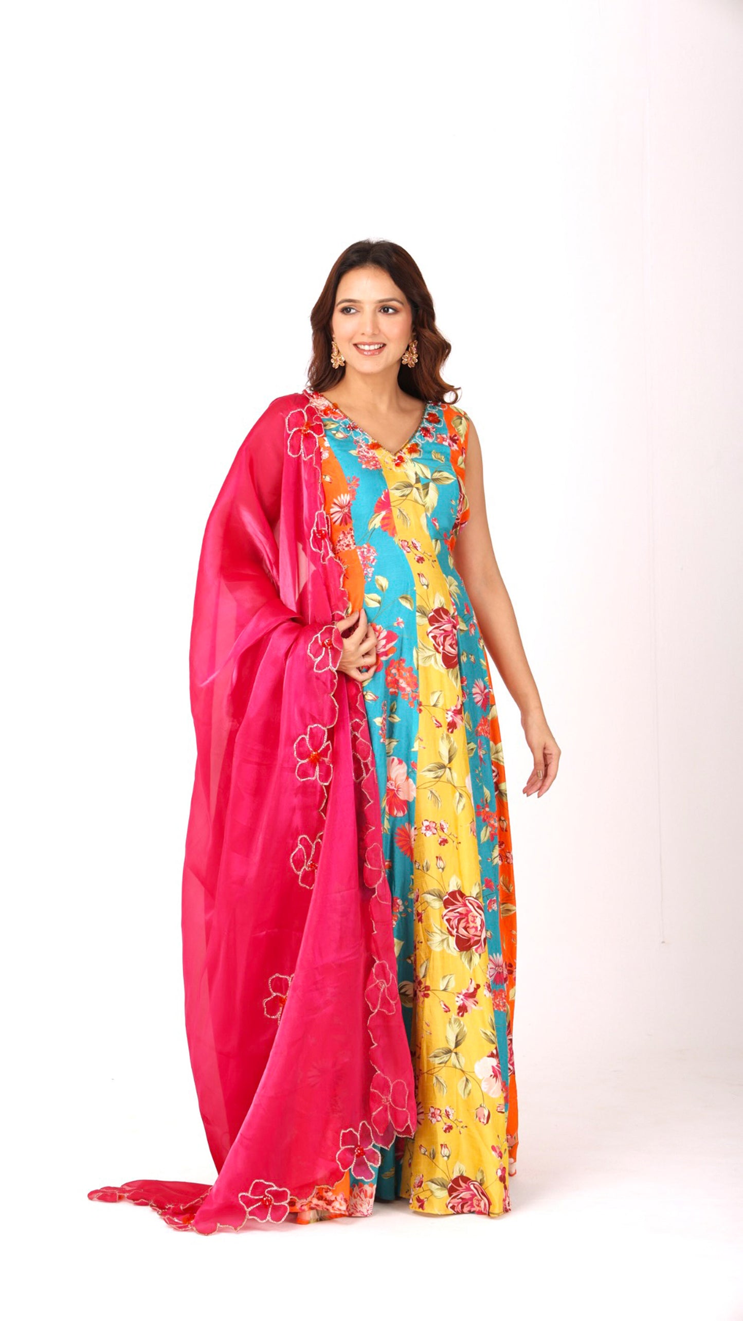 Orangeade Multicolour hand-embroidered floral anarkali paired with a vibrant dupatta