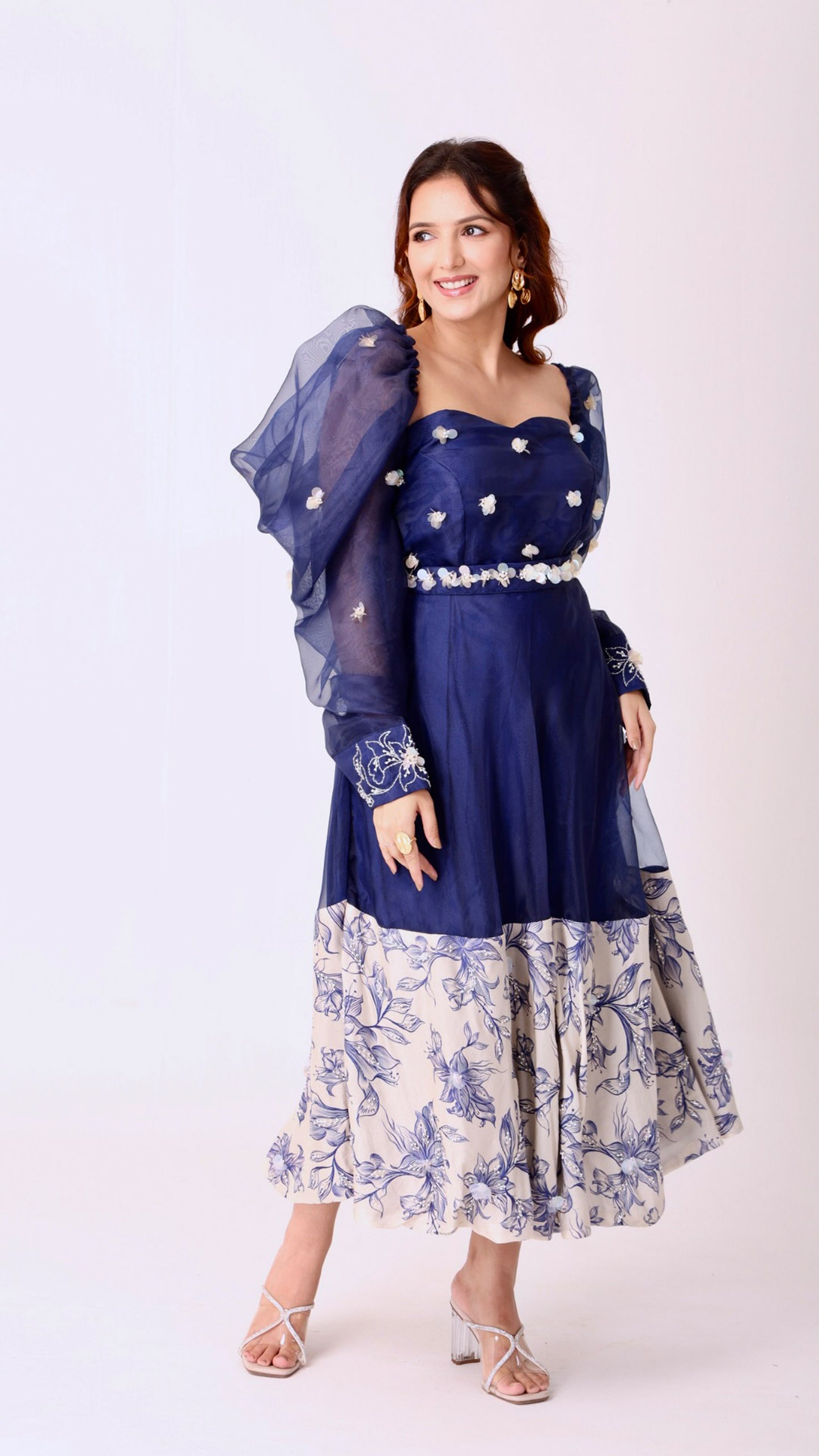 Navy & ivory hand- embroidered floral midi dress with organza sleeves & belt