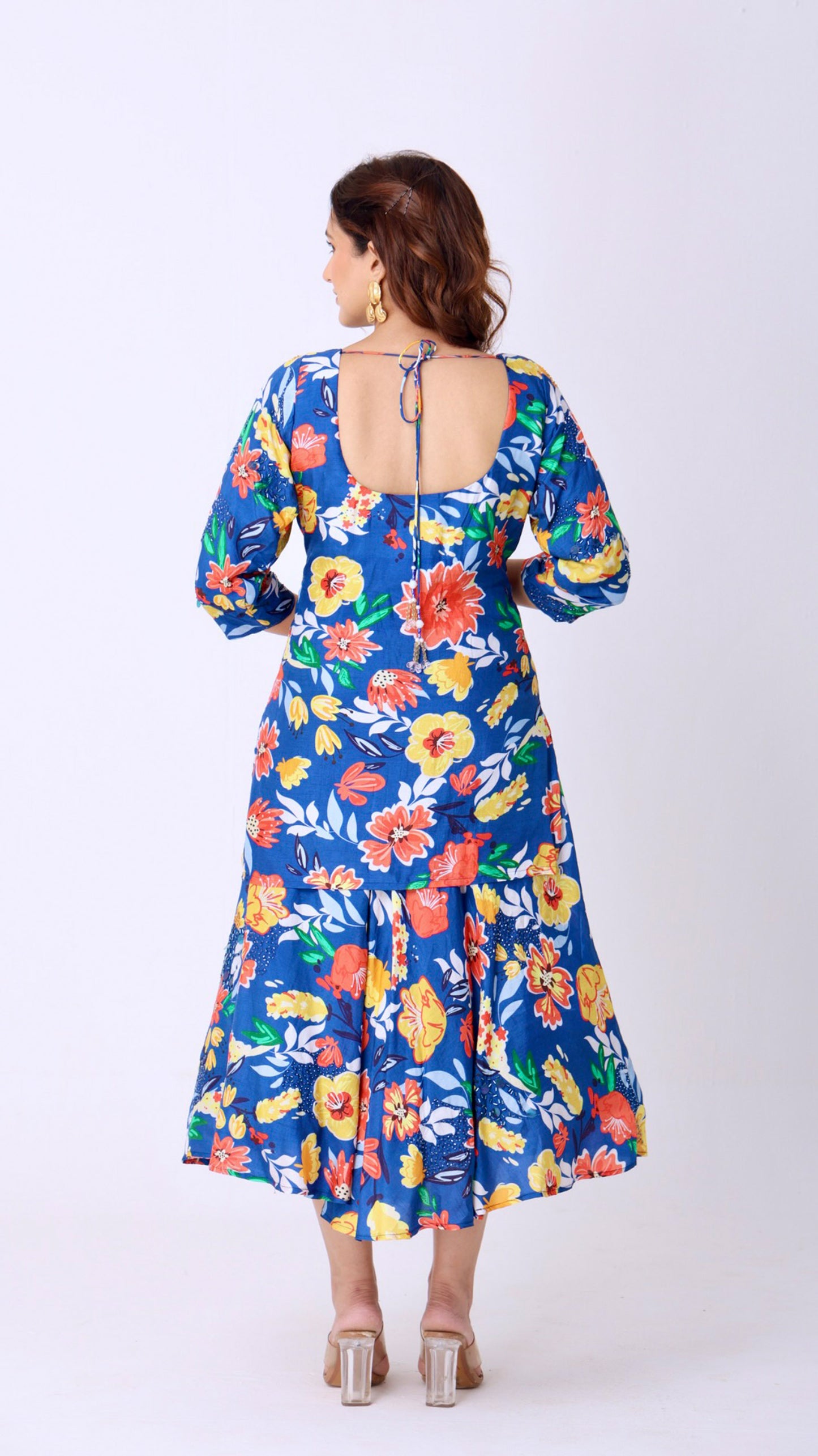 Deja Vu Blue Floral hand-embroidered kurti blouse paired with a matching lehenga