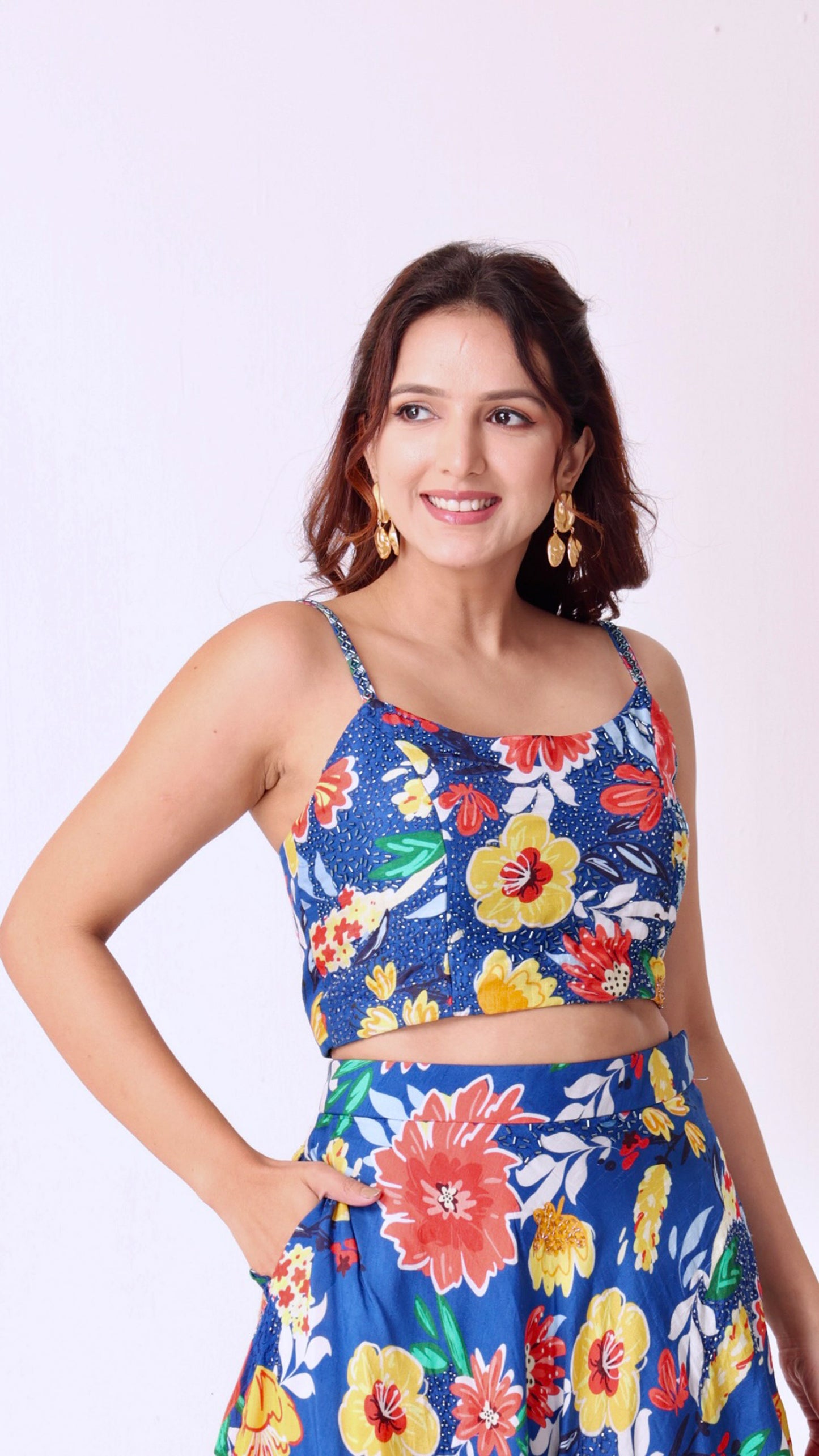 Deja Vu Blue Vibrant co-ord set with bold multicolor floral print and flowy skirt