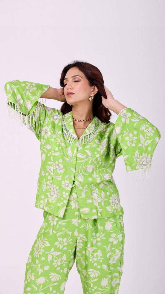 Love bird green hand-embroiderd floral co-ord set