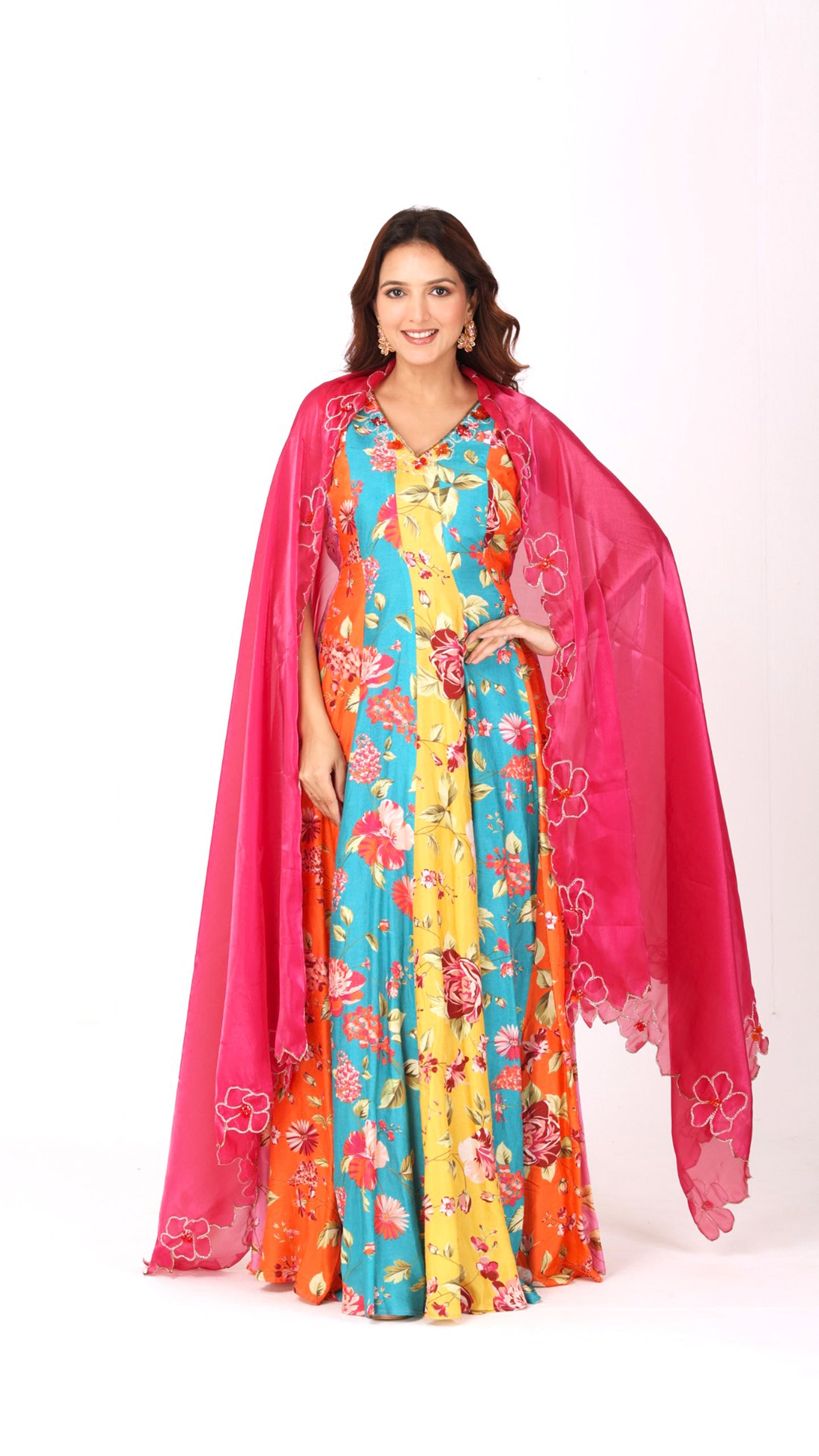 Orangeade Multicolour hand-embroidered floral anarkali paired with a vibrant dupatta