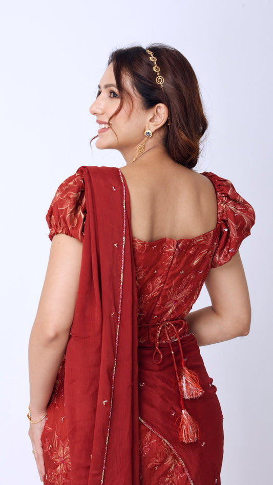 Maroon floral hand-embroidered fish-cut saree gown with puff sleeves and belt