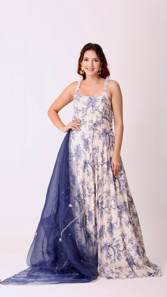 Ivory elegance hand-embroidered floral Anarkali with a navy organza dupatta