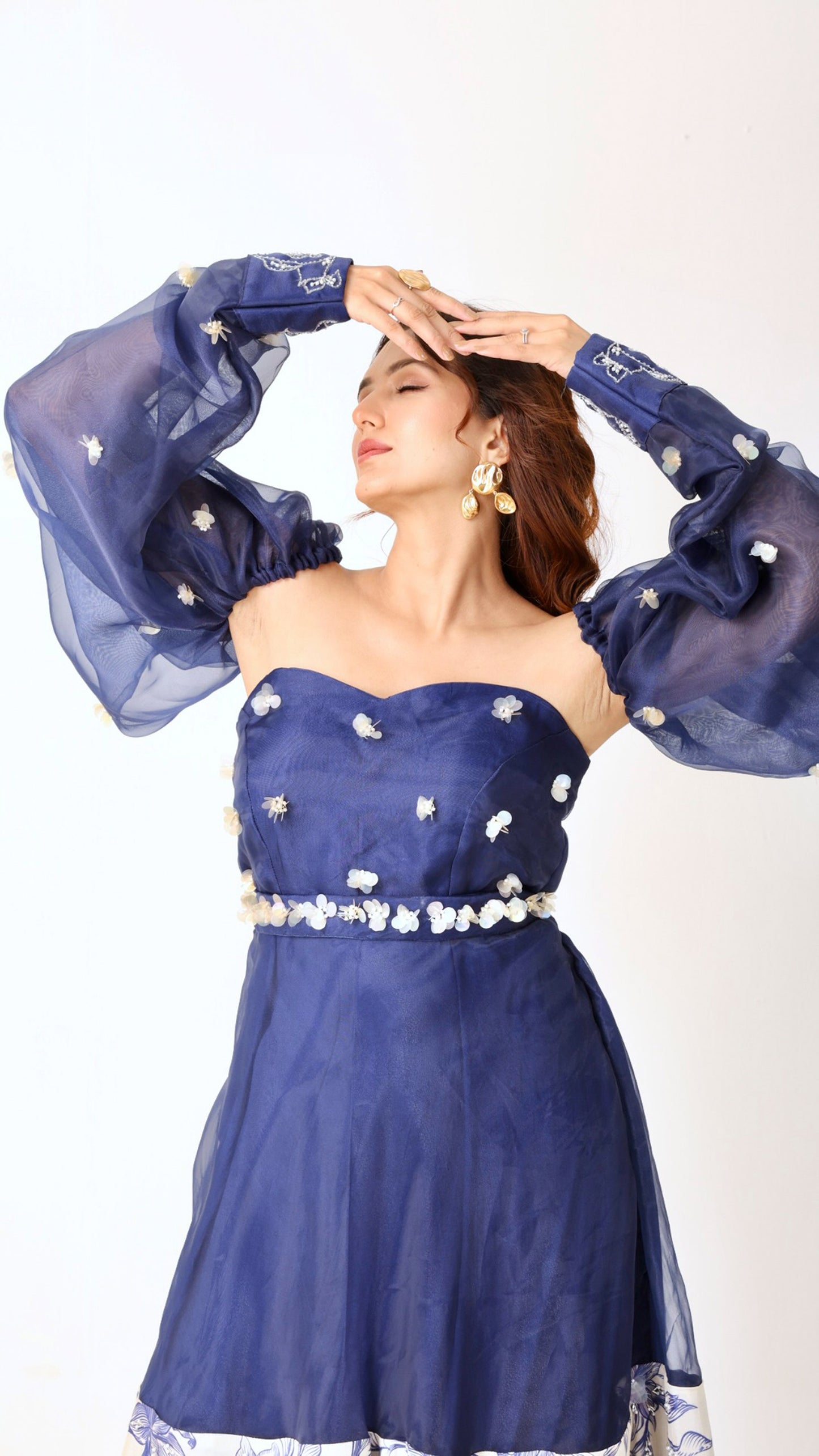 Navy & ivory hand- embroidered floral midi dress with organza sleeves & belt