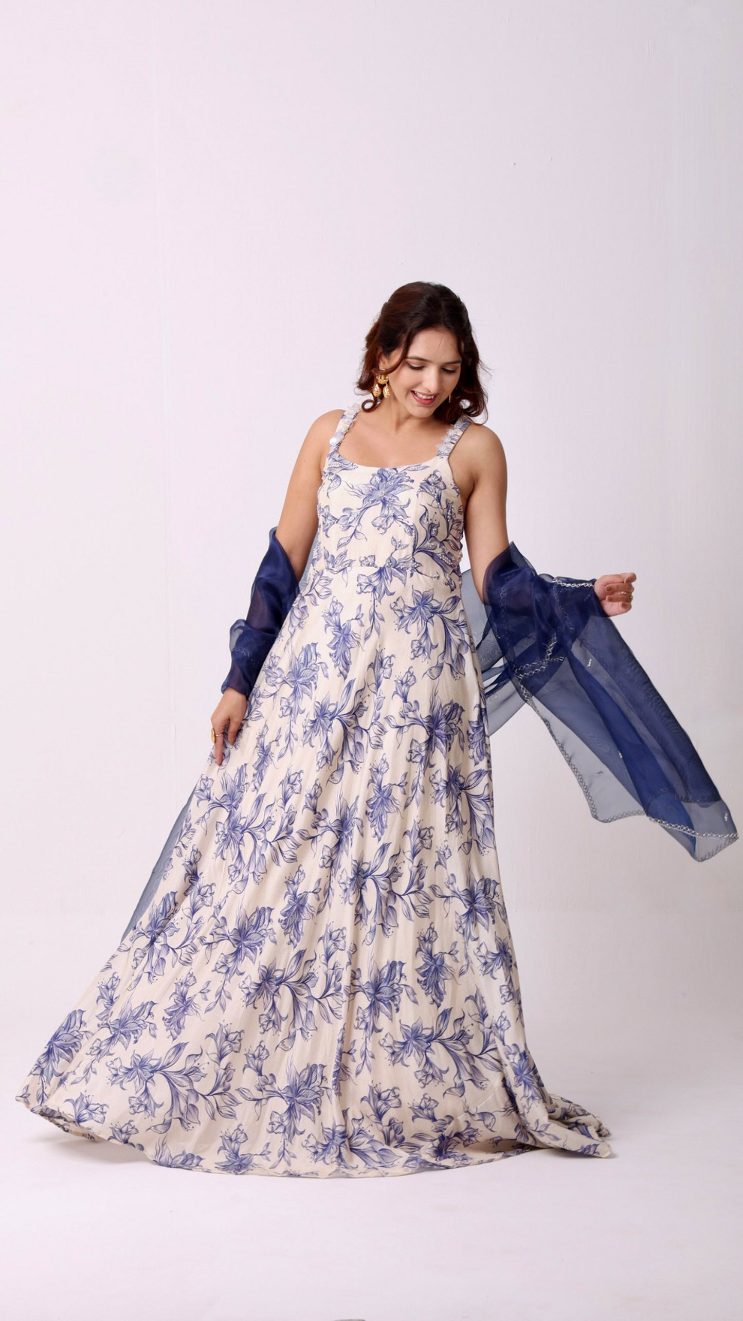 Ivory elegance hand-embroidered floral Anarkali with a navy organza dupatta