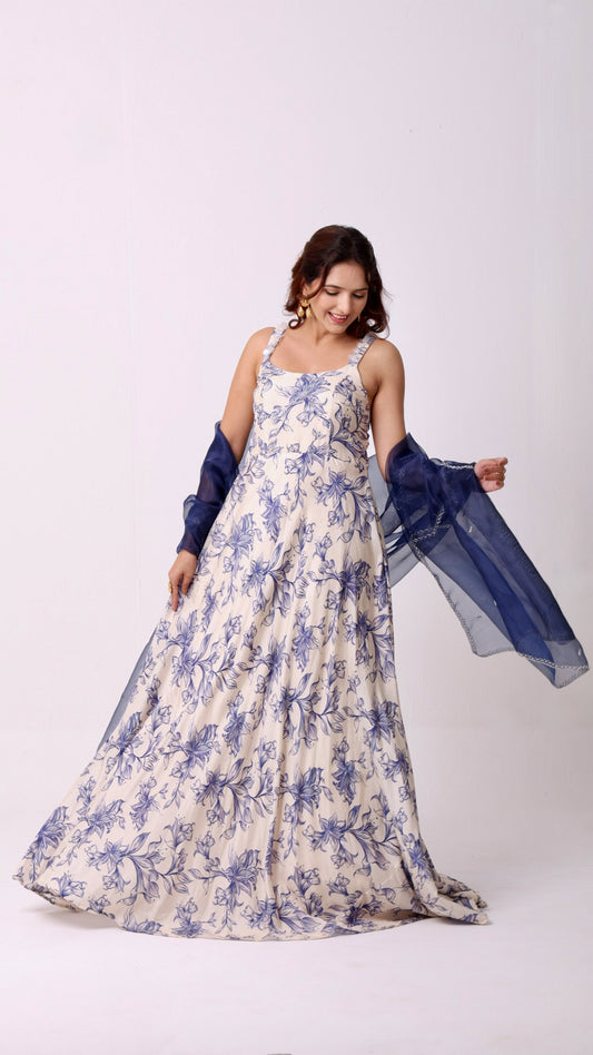 Ivory elegance hand-embroidered floral Anarkali with a navy organza dupatta