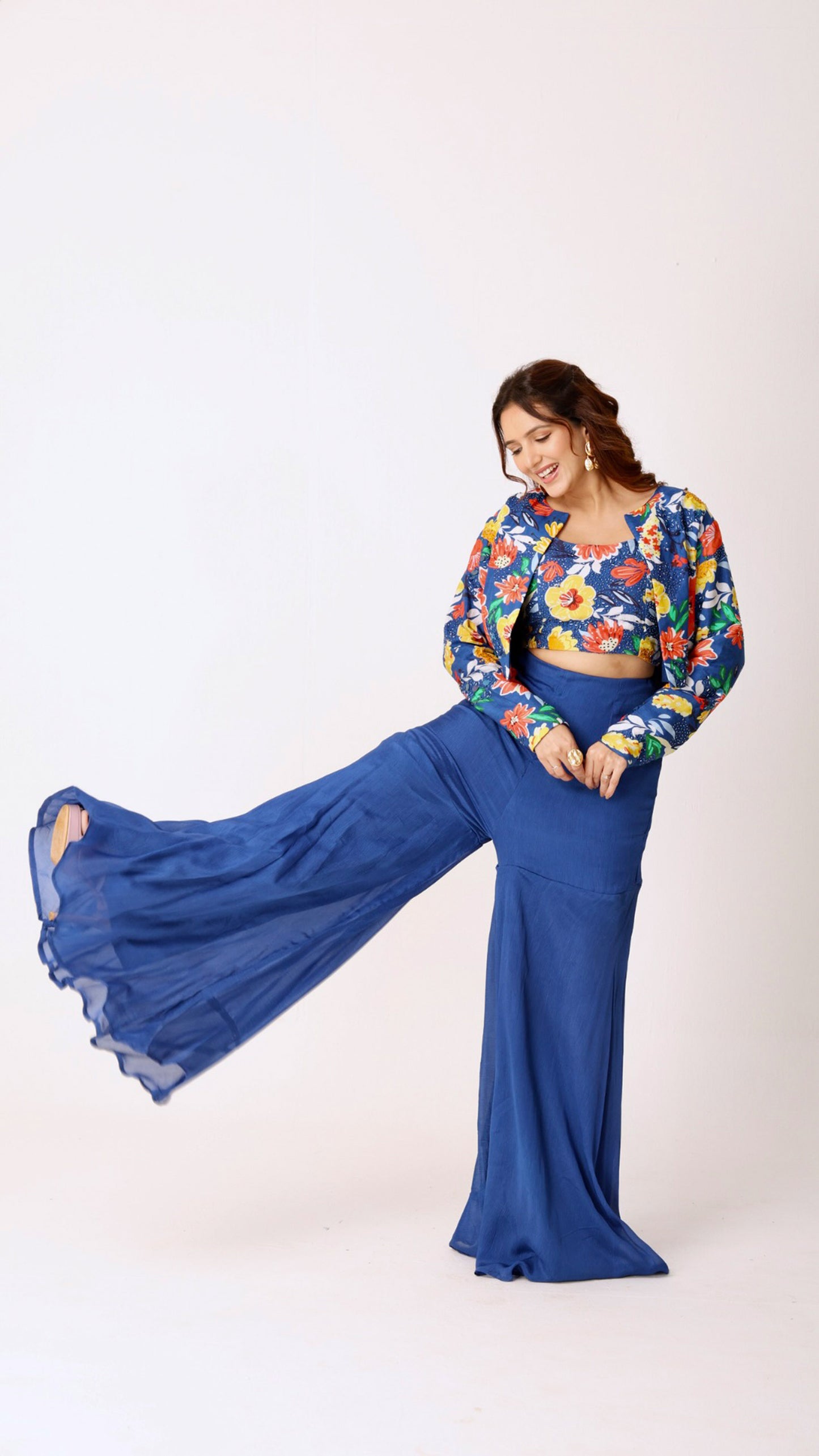 Deja Vu Blue Vibrant floral crop top & matching jacket with flowy flare blue sharara pants